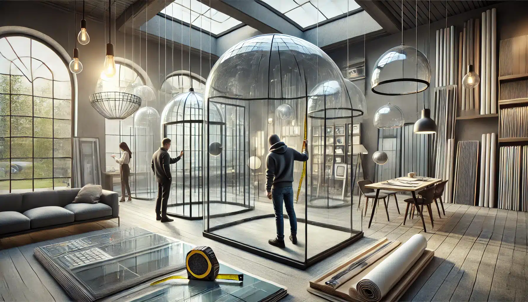 Showroom con domos de vidrio templado de varios diseños y tamaños, personas evaluando. Cristal curvas eficiencia energética luz madera materiales techos transmisión acristalamiento barrera edificios espacios construcción proyecto sistema protección través iluminación arquitectura rendimiento| Acrilfrasa