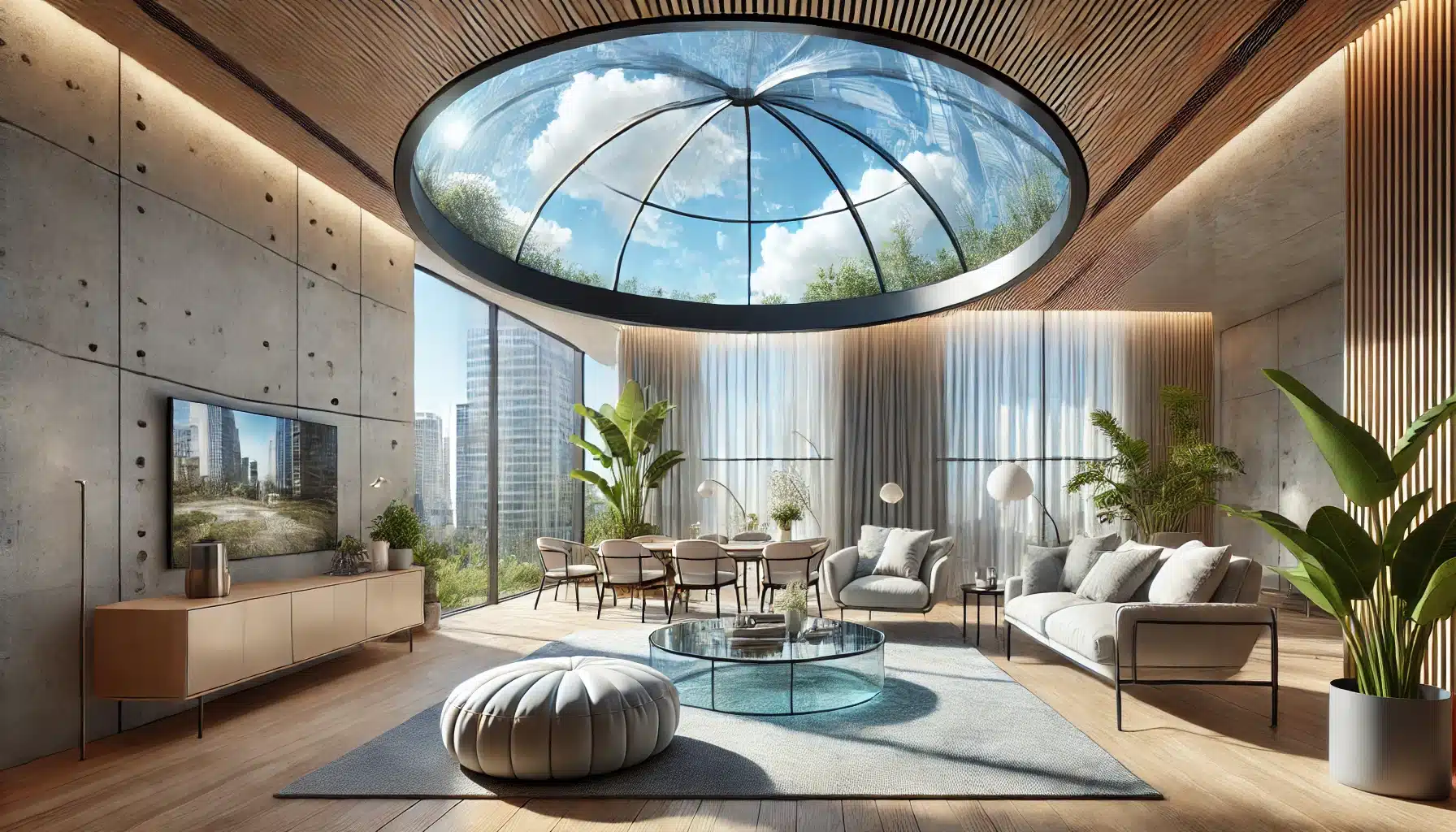 Espacio moderno con un domo de vidrio templado que permite la entrada de luz natural. Tendencias 2024 domos de vidrio templado en arquitectura sostenible| Acrilfrasa
