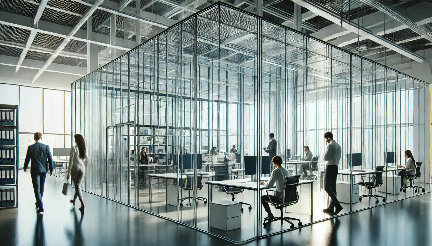 Oficina iluminada con divisores de policarbonato transparente y luz natural. Resultados de protección de láminas en aire libre | Acrilfrasa.