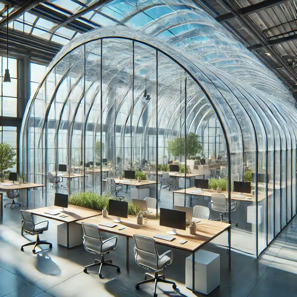 Espacio de trabajo moderno con techo de domo transparente. Soluciones y elementos de amplia gama de fachada en construcción | Acrilfrasa.