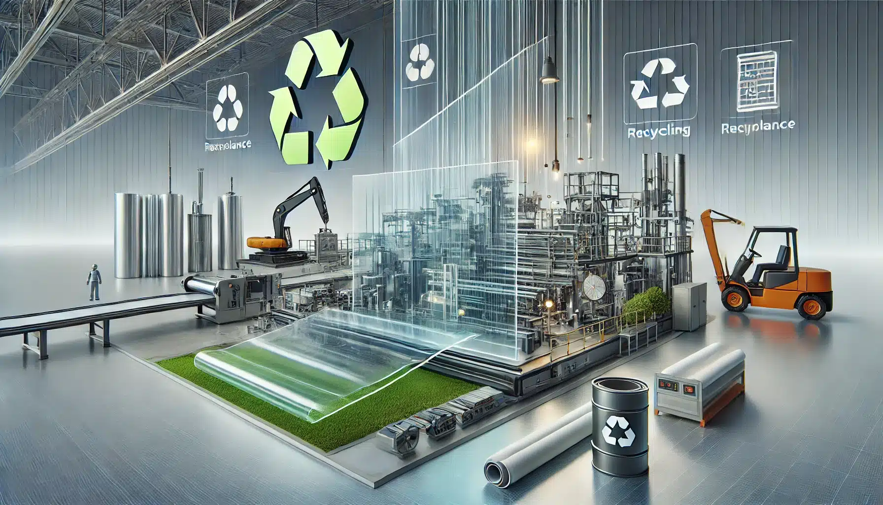 Fábrica moderna de policarbonato con maquinaria, hojas transparentes y símbolos de reciclaje. Materiales de construcción sin dejar huella de carbono | Acrilfrasa