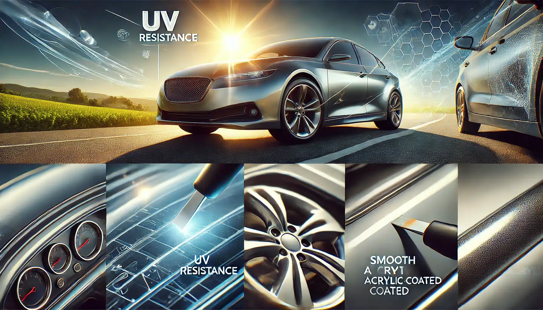 Coche con acabado acrílico brillante y protección UV bajo el sol. Mercado de polímeros, plástico y polipropileno en demanda | Acrilfrasa