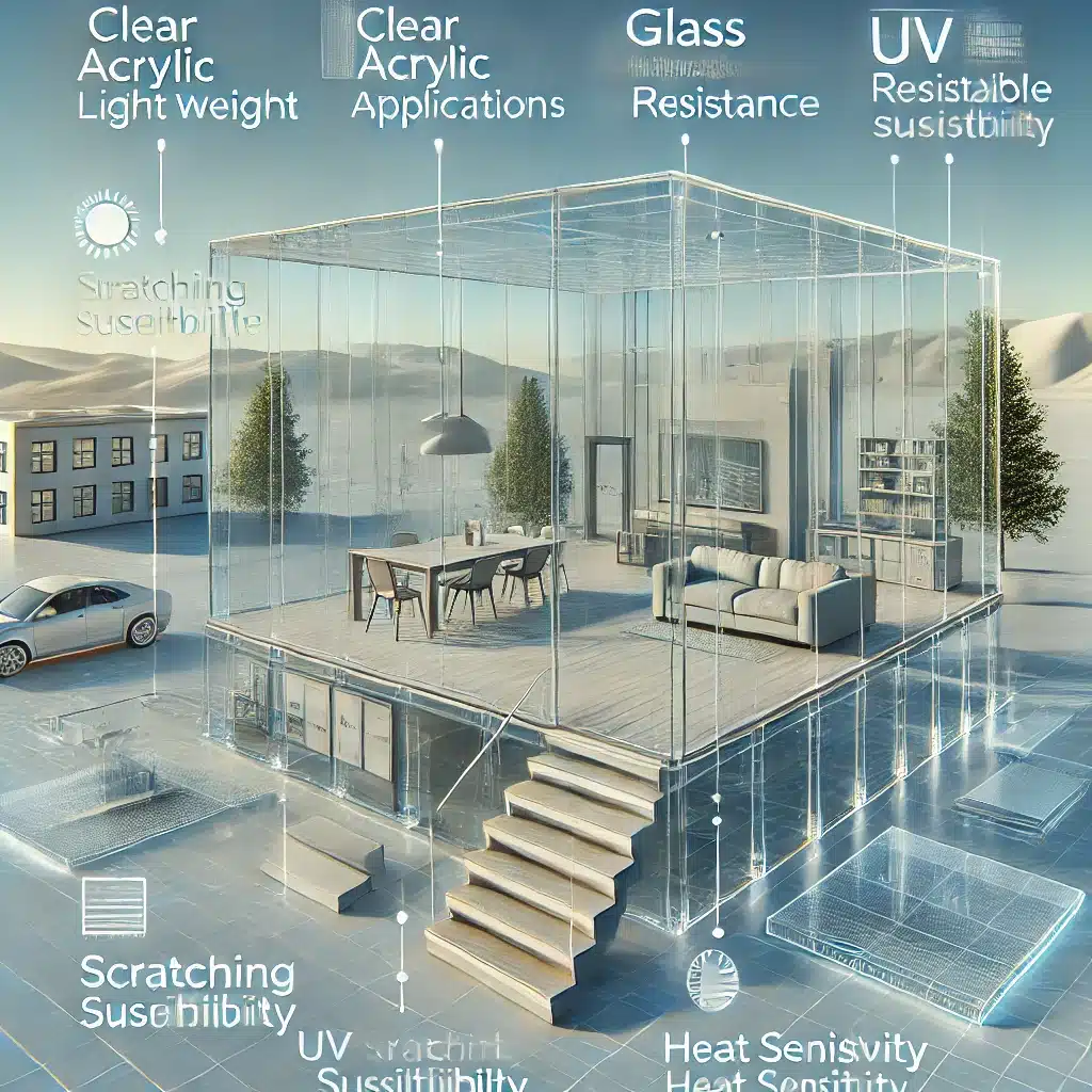Comparación de láminas de acrílico, vidrio y otros plásticos en un entorno moderno. Policarbonato con resistencia al impacto para interiores | Acrilfrasa