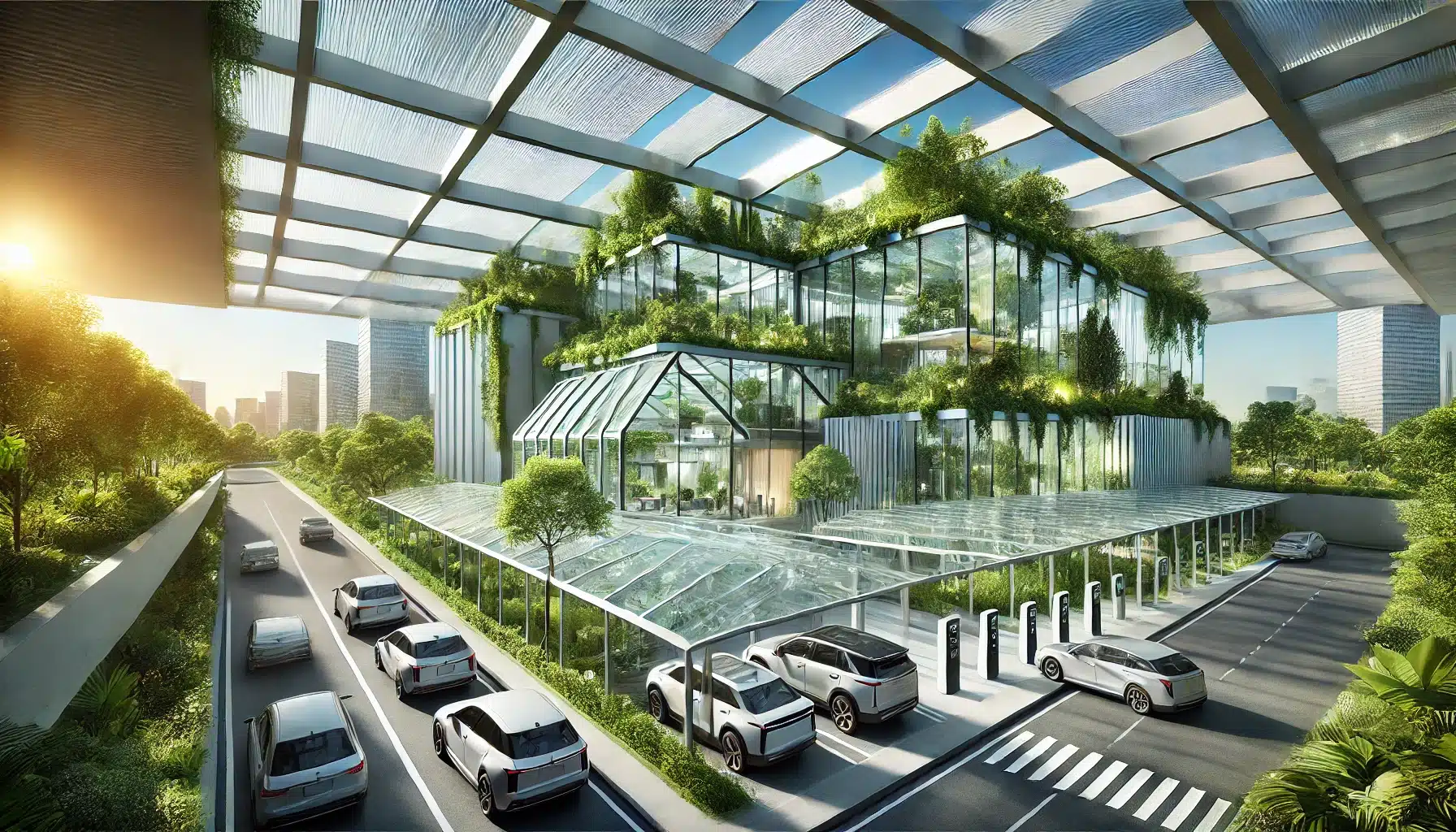 Edificio sostenible con aplicaciones de placas de policarbonato y vegetación | Acrilfrasa.