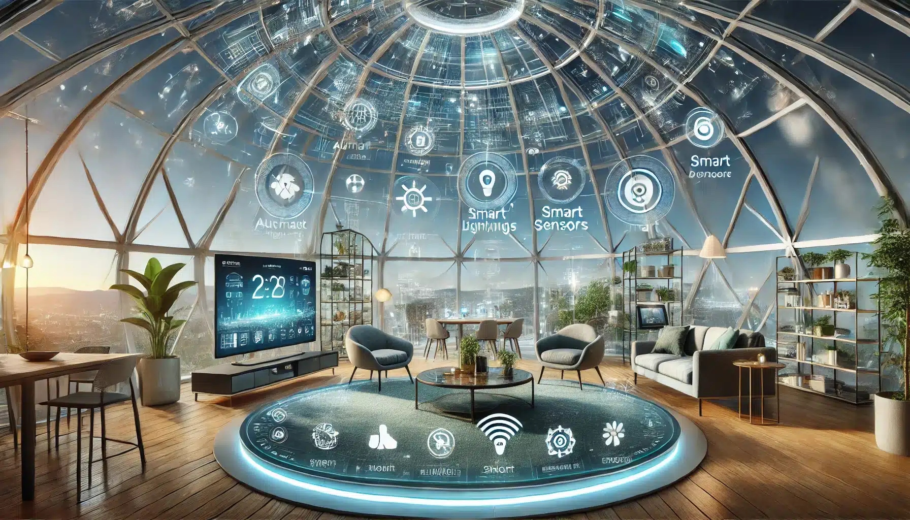 Domo inteligente con tecnología domótica avanzada y sensores automáticos para eficiencia energética. Edificio de negocio de ingeniería | Acrilfrasa