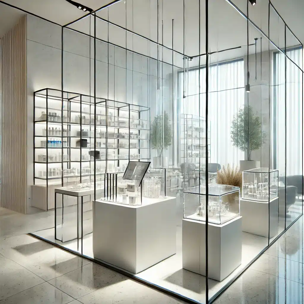 Espacio comercial moderno con estanterías y mostradores de acrílico transparente, destacando su elegancia y versatilidad en el diseño interior. Revestimiento de resinas y fibra de vidrio | Acrilfrasa