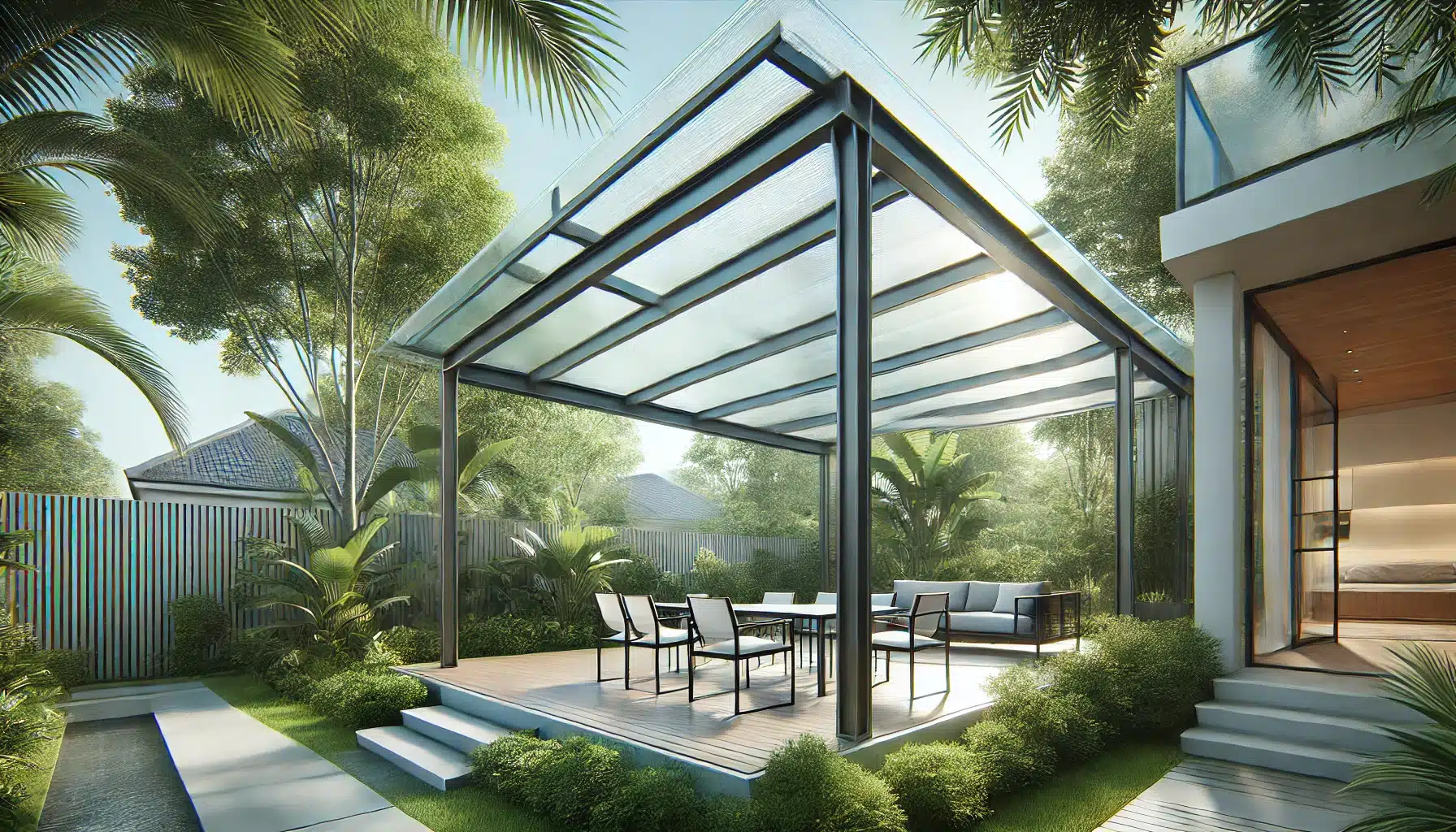 Patio moderno con techo de policarbonato, rodeado de vegetación, diseño innovador. Láminas de vidrio para entrada de luz natural | Acrilfrasa