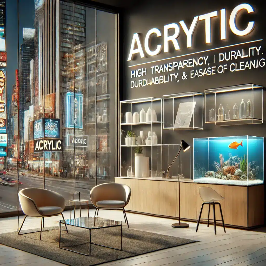 Muebles de acrílico, acuarios y letreros luminosos, mostrando su versatilidad en varios entornos. Plástico resistente a los impactos con ácido carbónico | Acrilfrasa