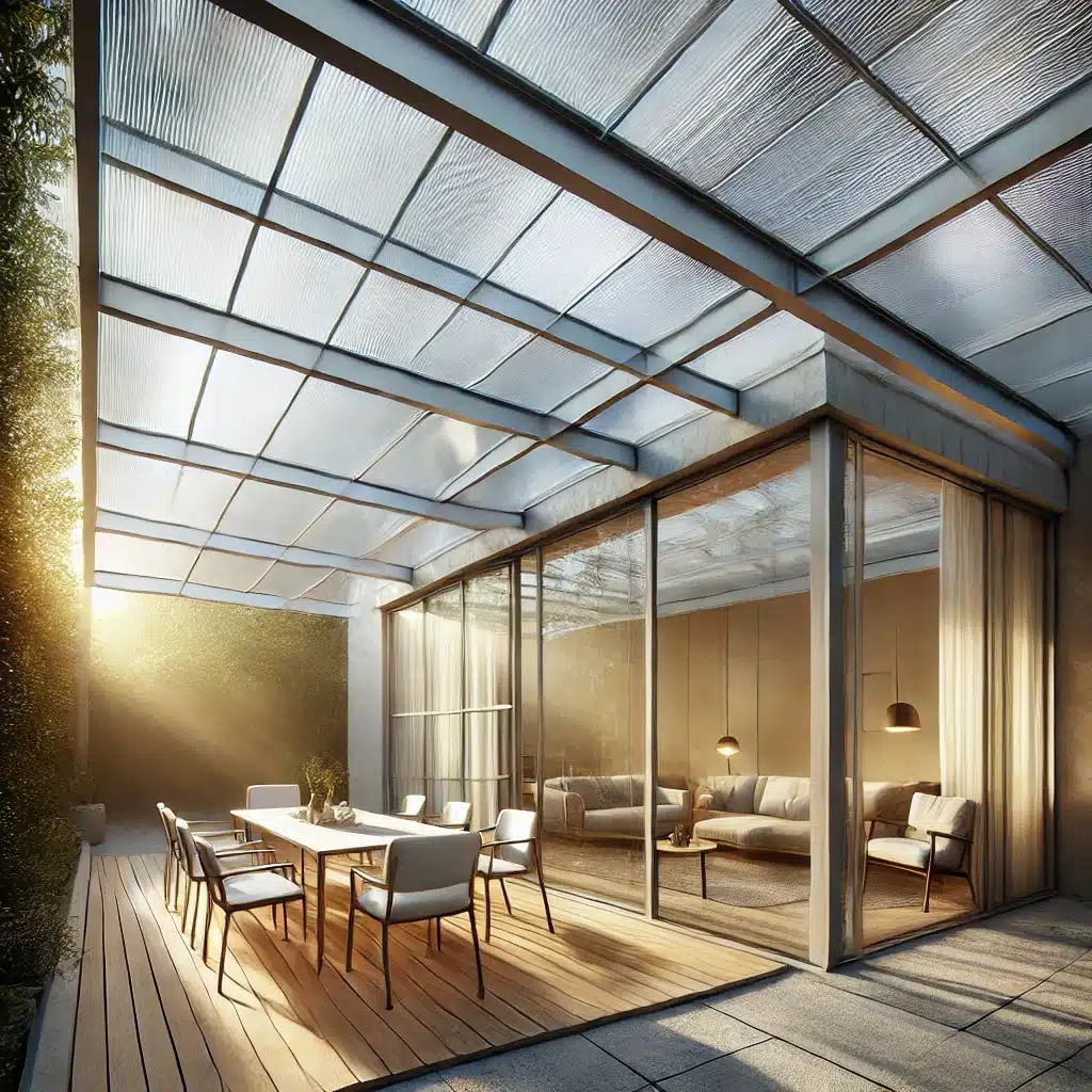 Espacio exterior con techo de policarbonato que permite el paso de luz natural. Industria de la construcción hace ideal para aplicaciones | Acrilfrasa