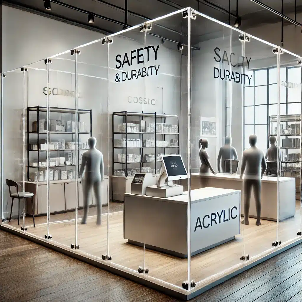 Espacio comercial con paneles y mostradores de acrílico, resaltando su seguridad y durabilidad. Resistencia al impacto gracias a usos de láminas | Acrilfrasa