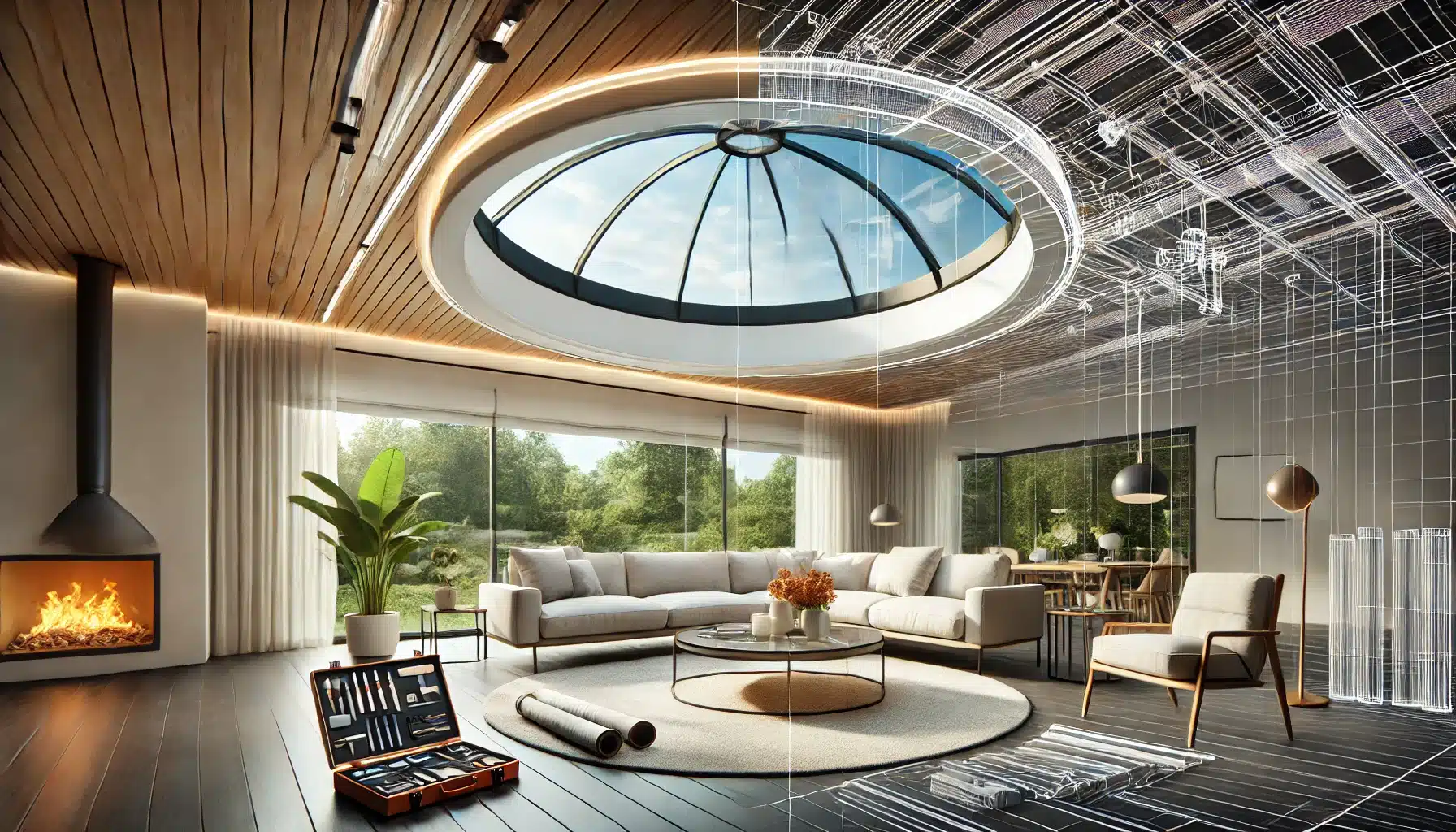 Sala moderna con techo de cristal personalizado, herramientas y secciones instaladas. Éxito en proyecto de capacidad. | Acrilfrasa