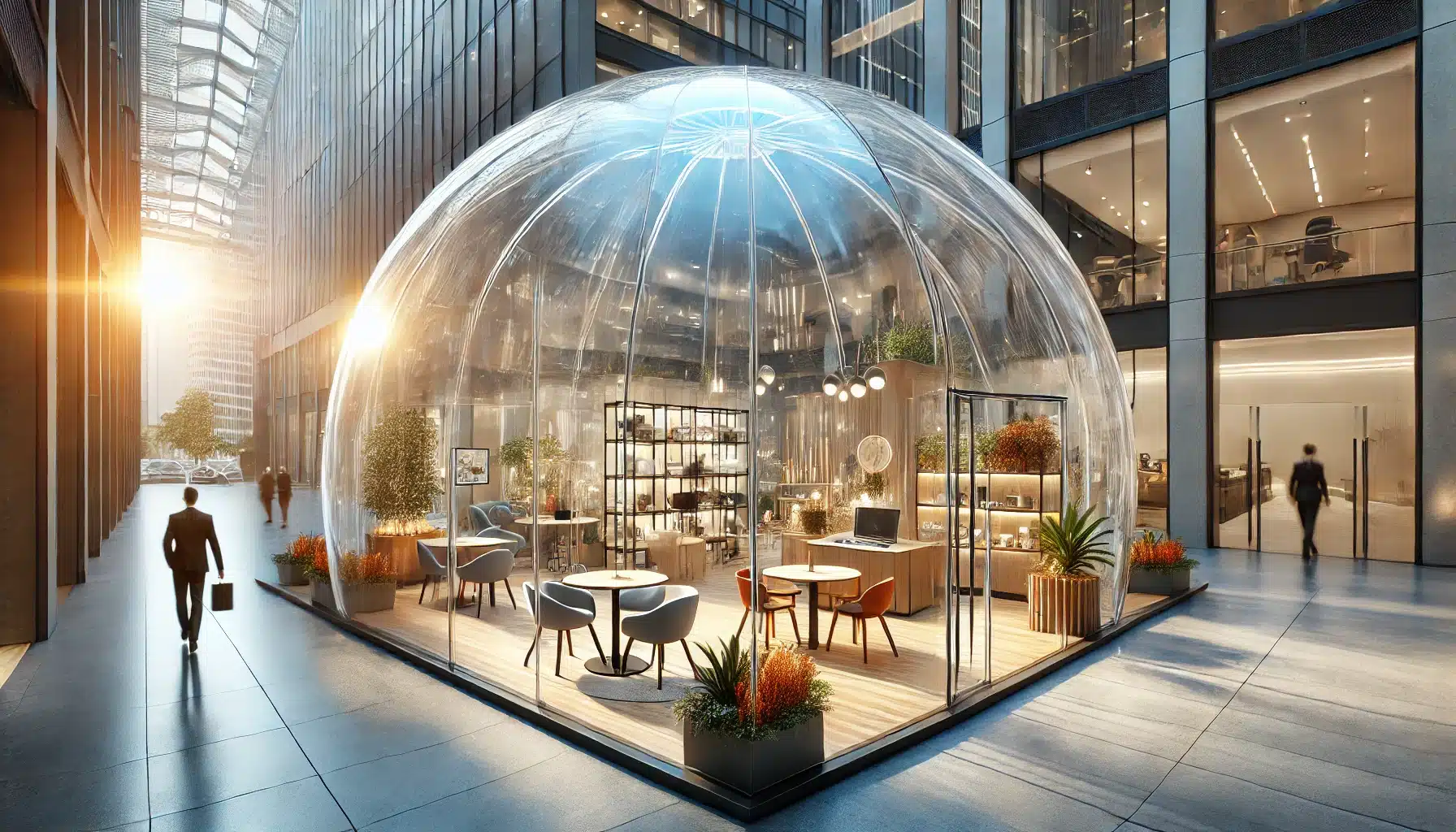 Espacio comercial con estructura de cúpula acrílica moderna y transparente, iluminado por luz solar. Láminas de policarbonato, producto para techos con luz natural | Acrilfrasa