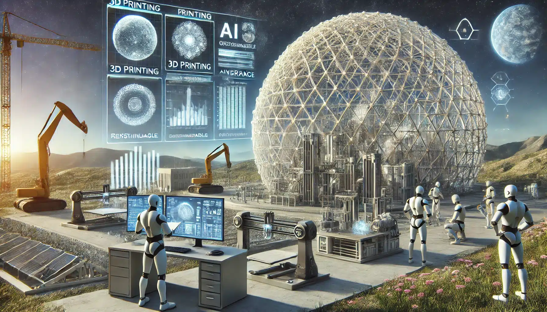 Construcciones futurista de domo con impresión 3D y análisis de IA para optimización. Suelo de casa con sistema y buen presupuesto. | Acrilfrasa