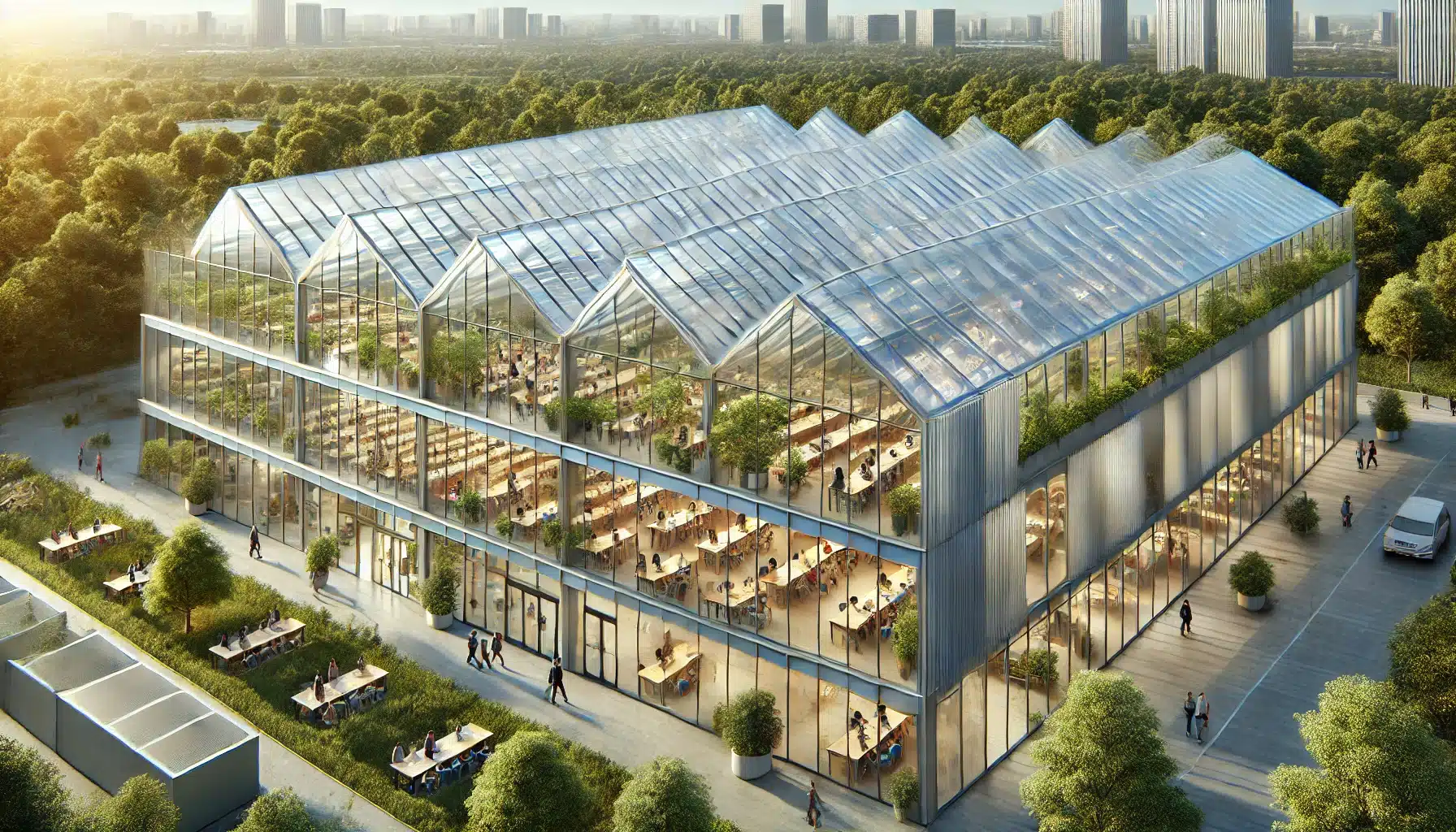 Edificio escolar moderno con techo de policarbonato, luz natural y entorno sostenible | Acrilfrasa