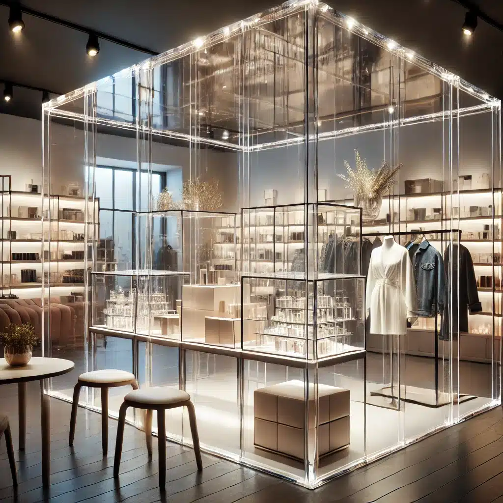 Interior de una tienda moderna con vitrinas, estanterías y muebles de acrílico, resaltando su elegancia y funcionalidad. Proyecto de resistencia a la intemperie con lámina de amplia gama de colores | Acrilfrasa