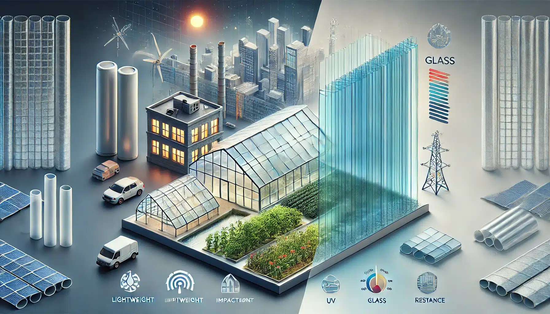Comparación visual de aplicaciones de policarbonato y comparación con el vidrio en construcción. Lámina de acrílico con resistencia al impacto  | Acrilfrasa
