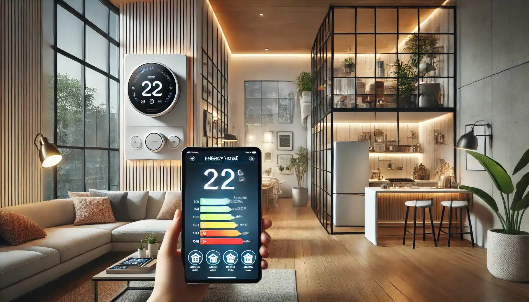 Interior de casa moderna con tecnologías domóticas en teléfono móvil y eficiencia energética. Proyecto de espacios a medida de reducción a través de decisión | Acrilfrasa.