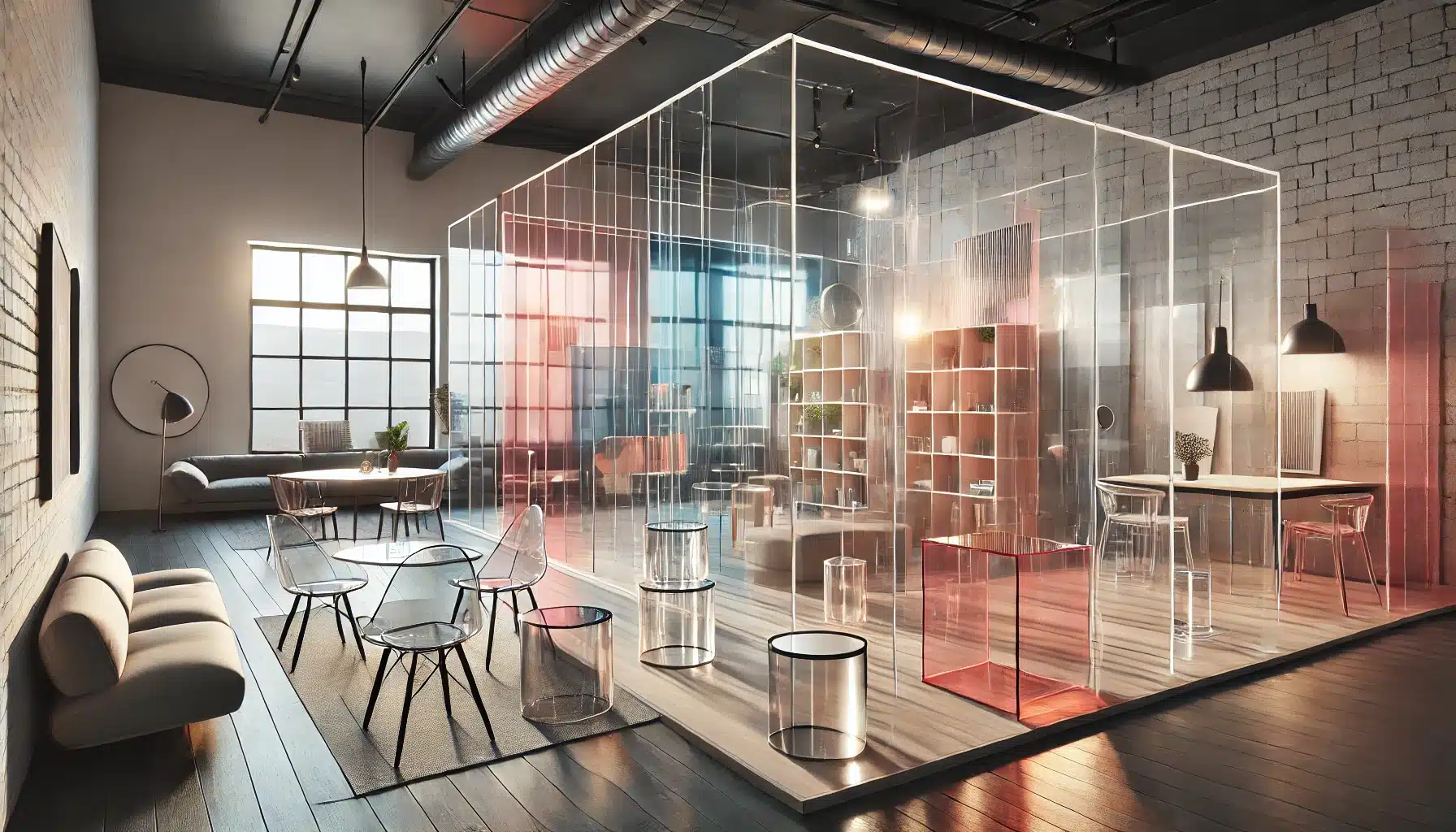 Espacio creativo con divisores y muebles cubiertos de paneles de acrílicos. Comunicación precedentes a la eficiencia energética por el impacto ambiental | Acrilfrasa.