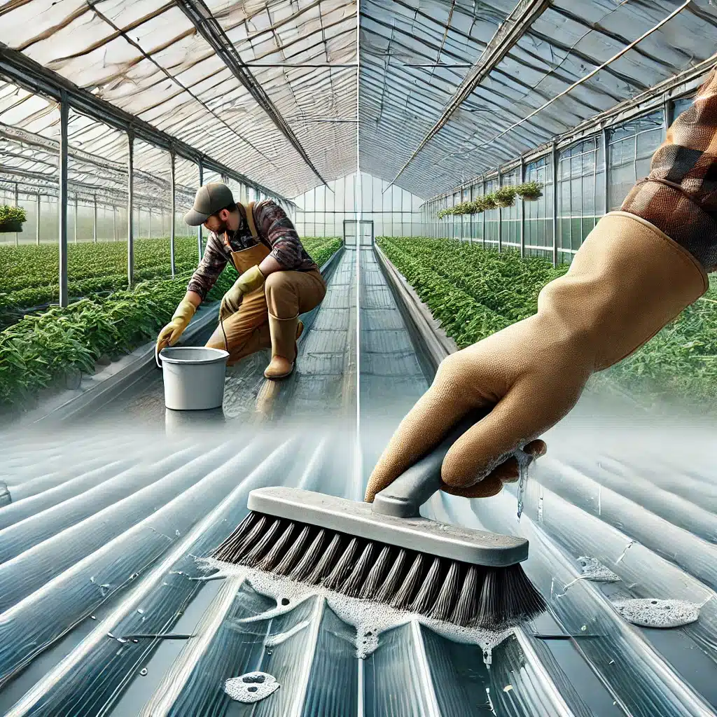 Agricultor limpiando láminas de policarbonato de un invernadero con cepillo y agua jabonosa. Producción de cosecha en forma | Acrilfrasa
