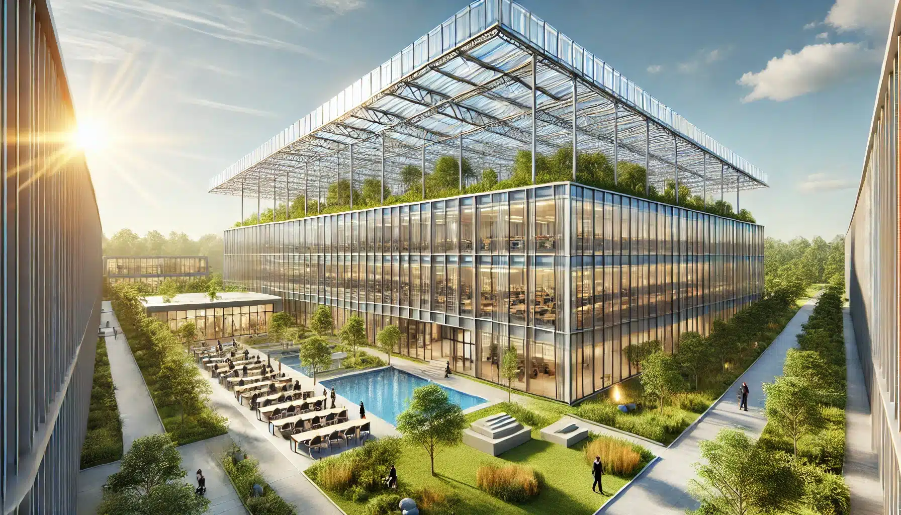 Edificio educativo moderno con techos de policarbonato transparente, rodeado de áreas verdes | Acrilfrasa