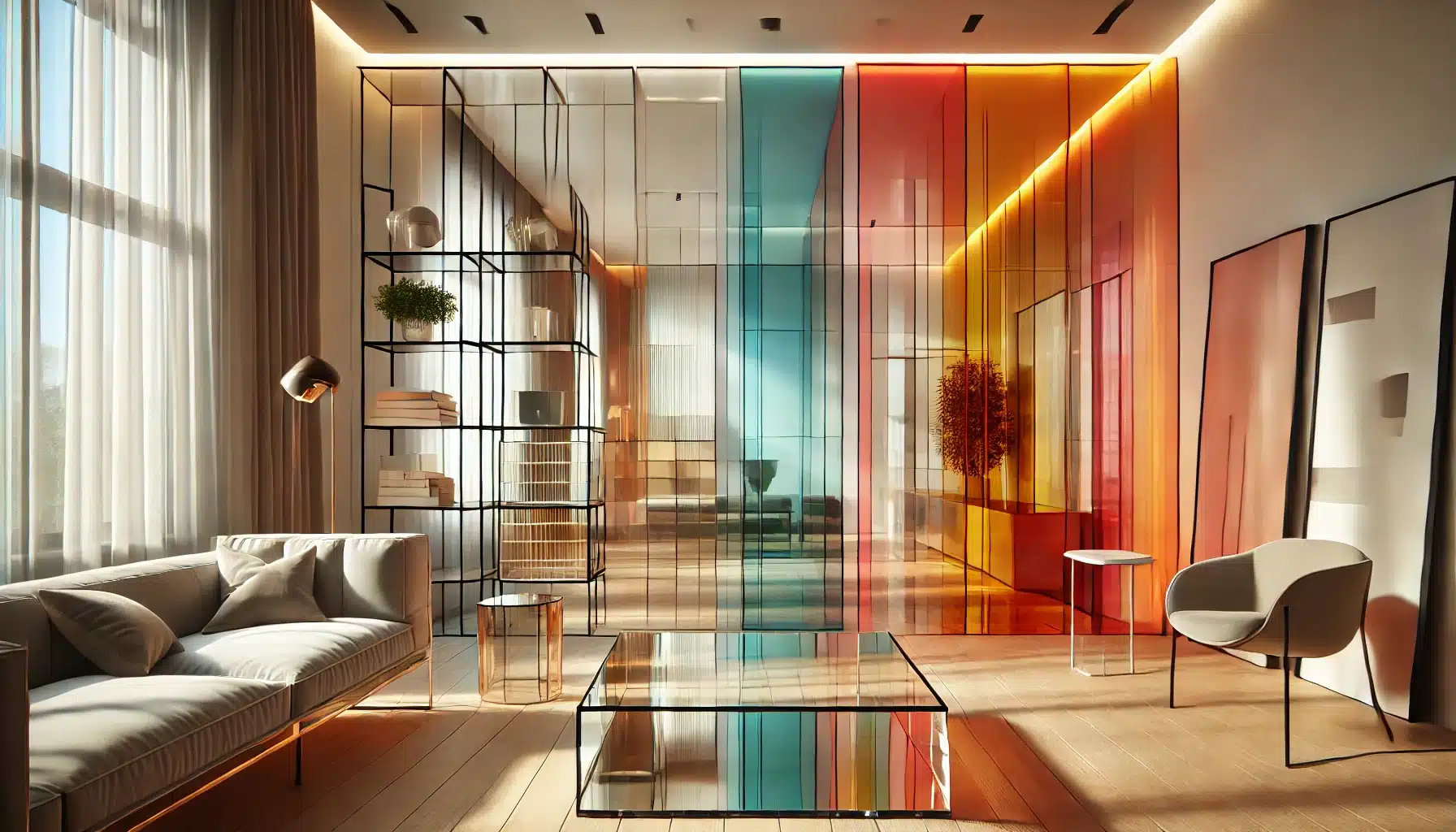 Espacio moderno con mesa y estantes de acrílico, paneles de colores dividiendo. Revista de pantallas en el mercado, empresas de propietarios | Acrilfrasa.