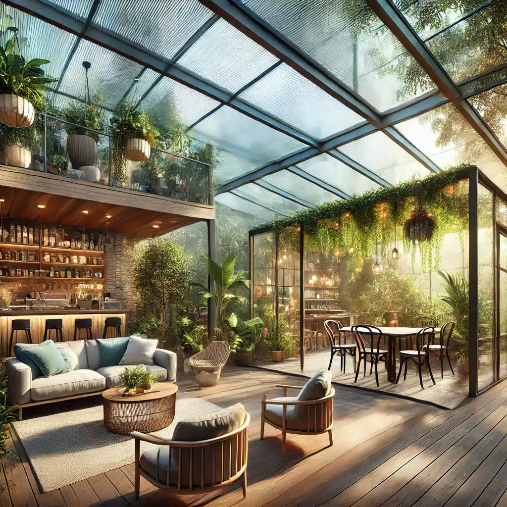 Diseño inspirador con paneles de policarbonato en patios, jardines de invierno y cafeterías. Proceso de fabricación de plásticos | Acrilfrasa