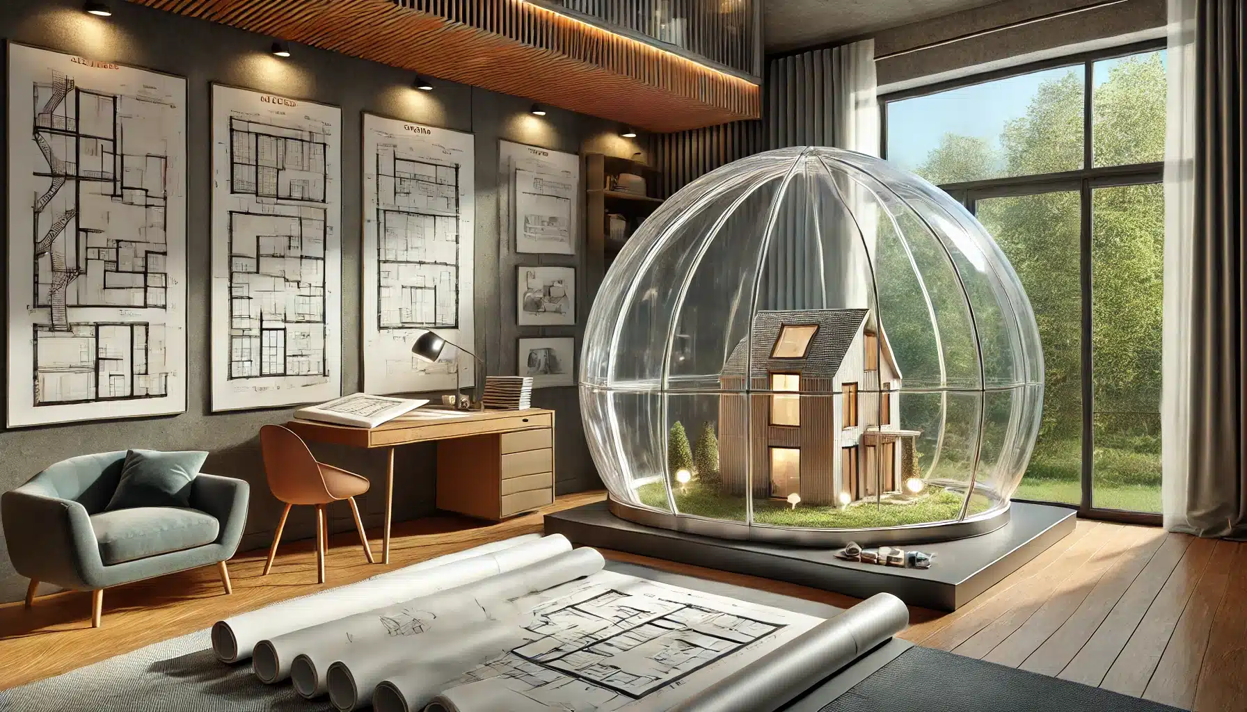 Mesa de arquitecto con planos, muestras de vidrio y modelo de casa con domo. Eventos de almacenamiento con sistema de buen precio | Acrilfrasa