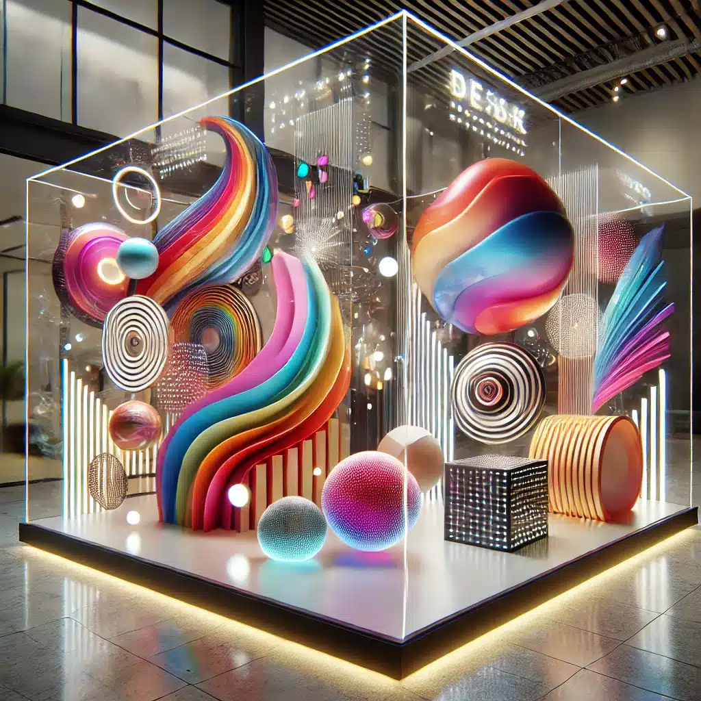Displays creativos de acrílico con formas inusuales y luces LED en un entorno moderno. Plástico para construcción y fabricación de etiquetas UV | Acrilfrasa