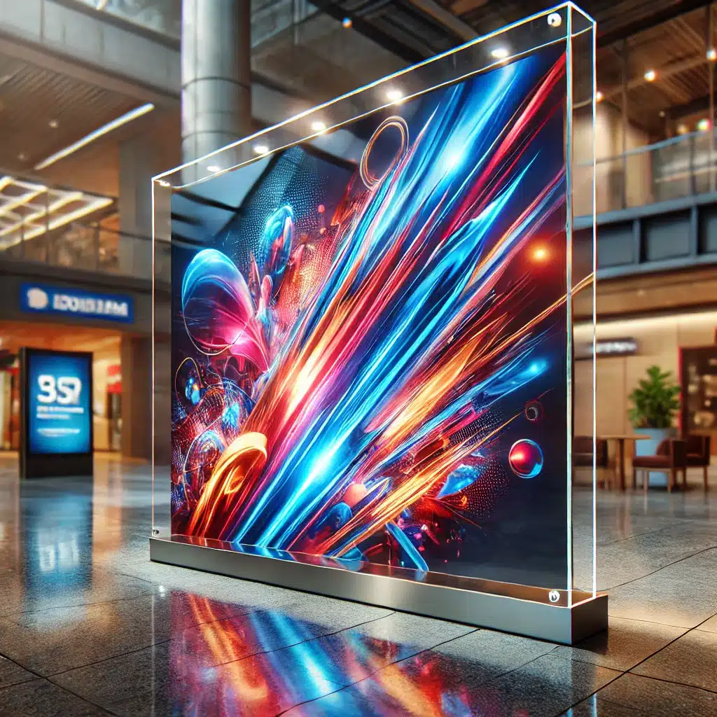 Letrero publicitario de acrílico transparente con iluminación LED, colores vibrantes y brillo. Máquinas en empresa de sector de fabricantes | Acrilfrasa