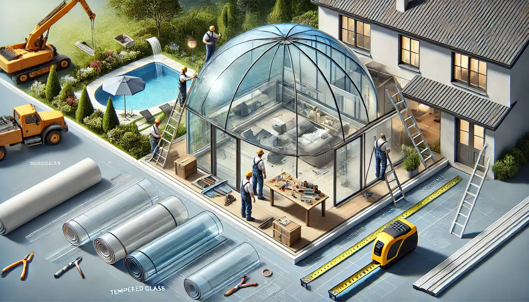 Instalación de techo de cristal, trabajadores midiendo y seleccionando materiales. Casos de éxito en proyecto de instalar el material | Acrilfrasa