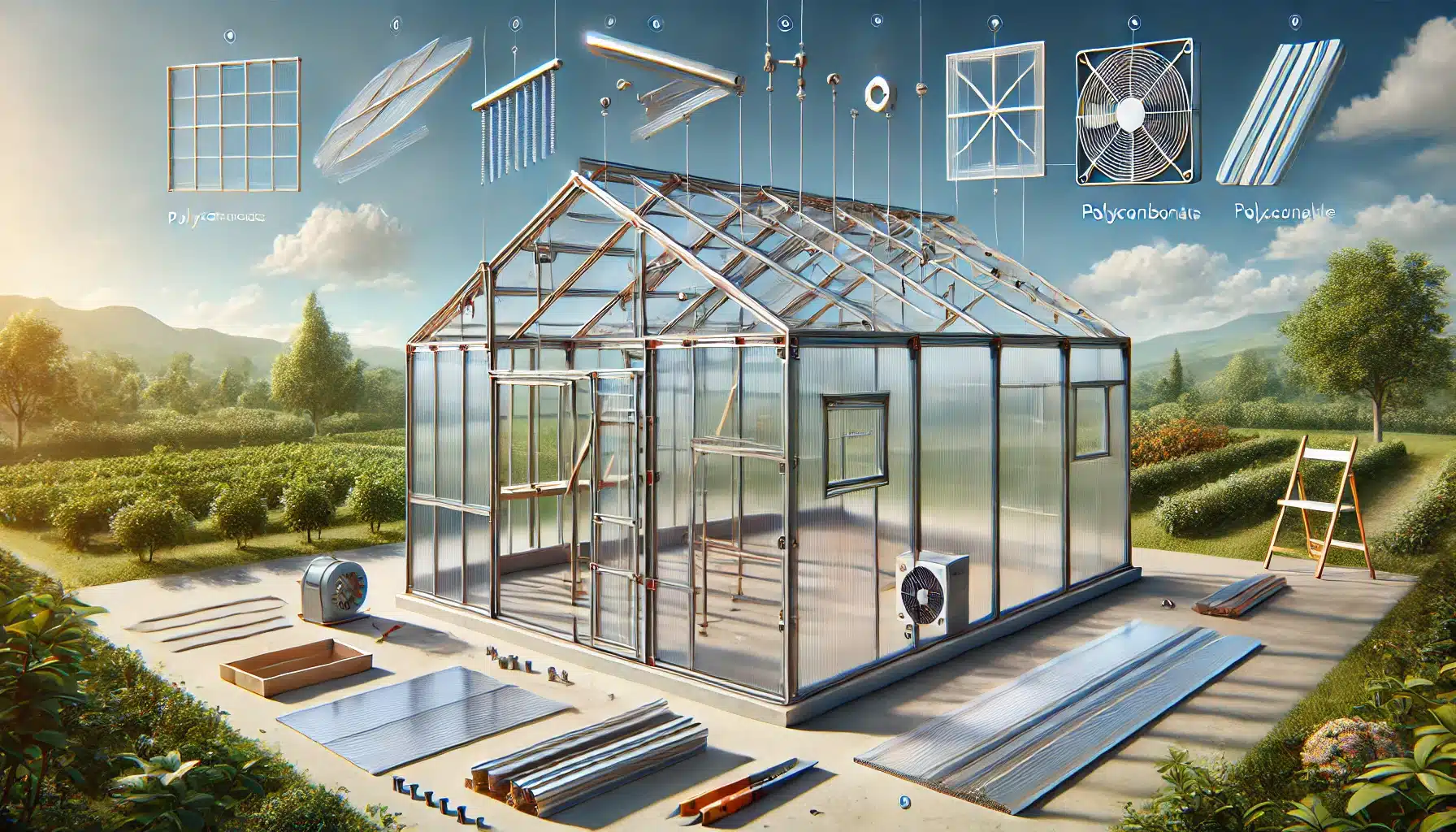 Construcción de invernadero con policarbonato y marco robusto en jardín soleado. Proyectos de láminas cuenta en el uso | Acrilfrasa.