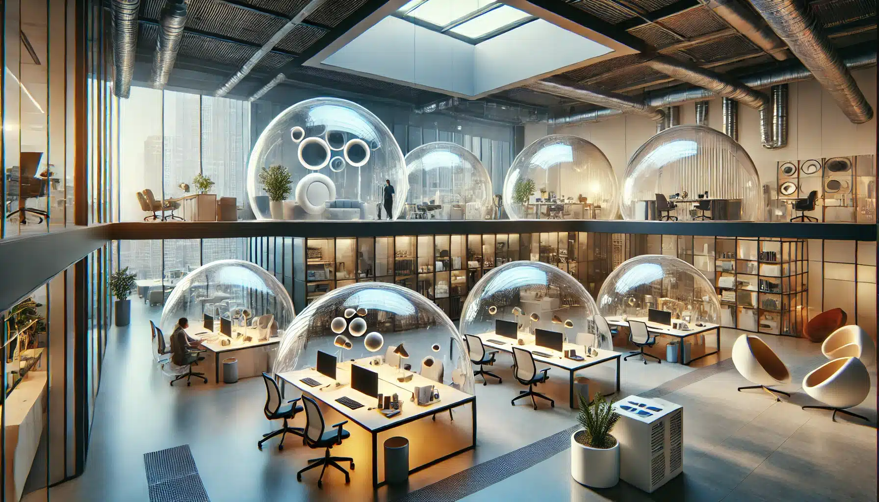 Interior de oficina moderna con cúpulas de acrílico de varios tamaños y luz natural. Gama de construcción con lámina, material de impacto | Acrilfrasa