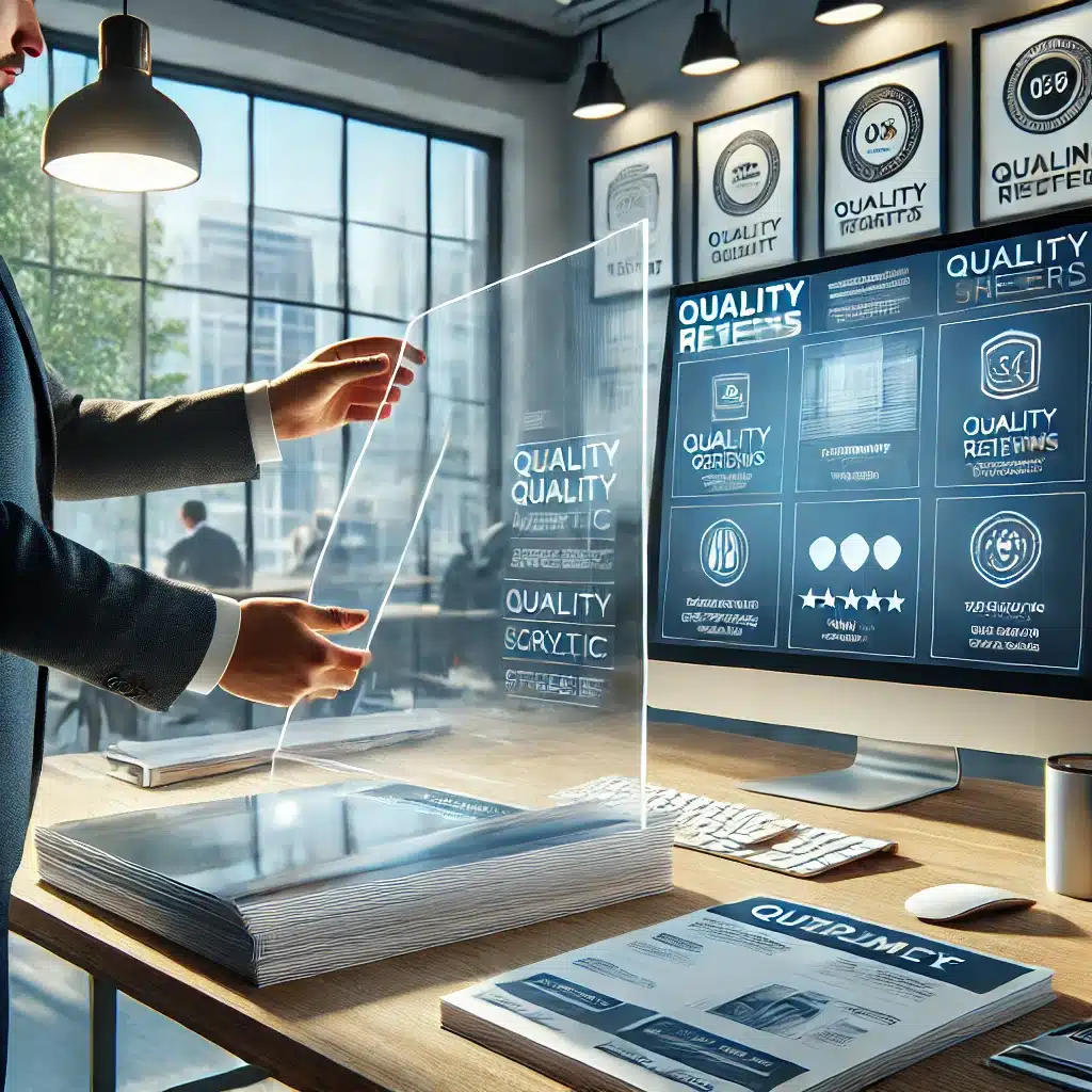 Profesional evaluando acrílico en un showroom con certificados y reseñas en pantalla. | Acrilfrasa