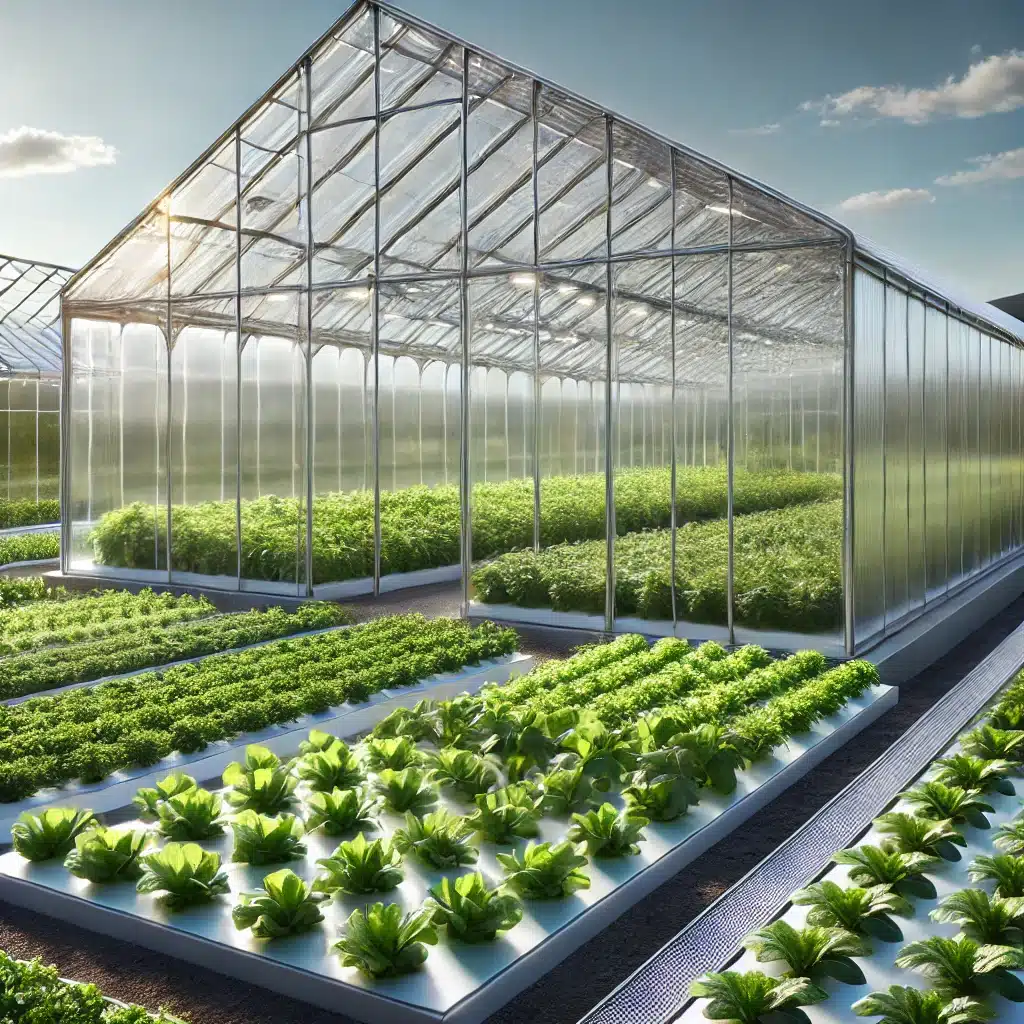 Invernadero agrícola moderno hecho con paneles de policarbonato transparente, plantas verdes en crecimiento y luz natural. | Acrilfrasa
