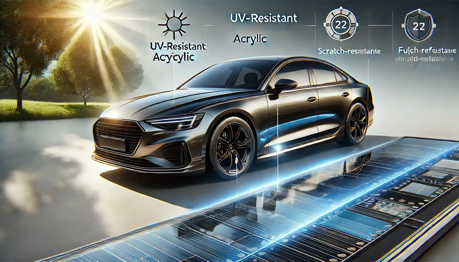 Coche moderno con acabado acrílico brillante y protección UV bajo el sol. Claridad de productos para autobuses y camiones de construcción | Acrilfrasa