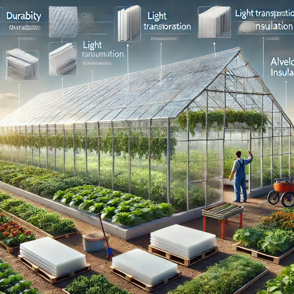 Invernadero de policarbonato con plantas saludables y agricultor realizando mantenimiento. | Acrilfrasa