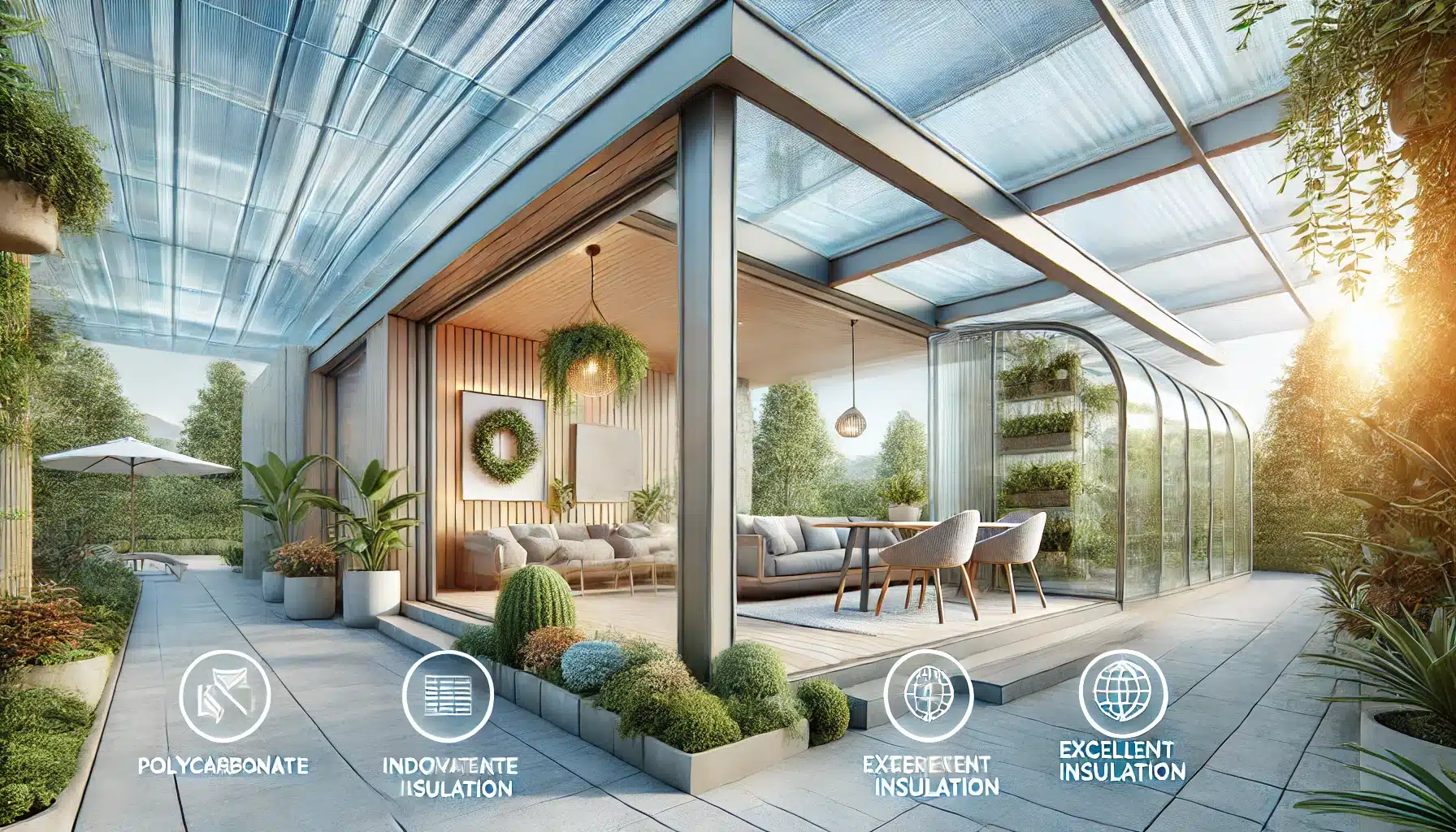 Patio con pérgola de cubiertas de policarbonato y invernadero moderno, diseños funcionales y luminosos. Industria de la construcción debido a su capacidad | Acrilfrasa