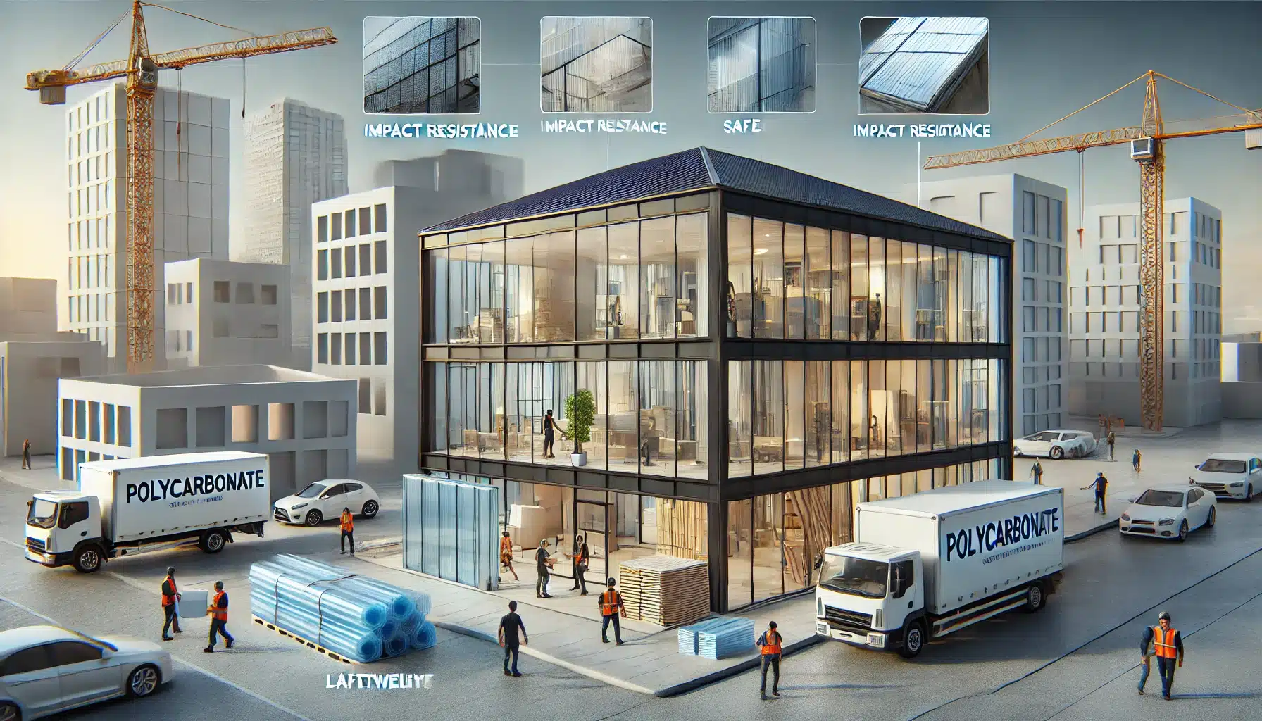 Edificios modernos con ventanas y techos de policarbonato, trabajadores instalando paneles. La evolución del policarbonato en la arquitectura moderna casos de éxito | Acrilfrasa.