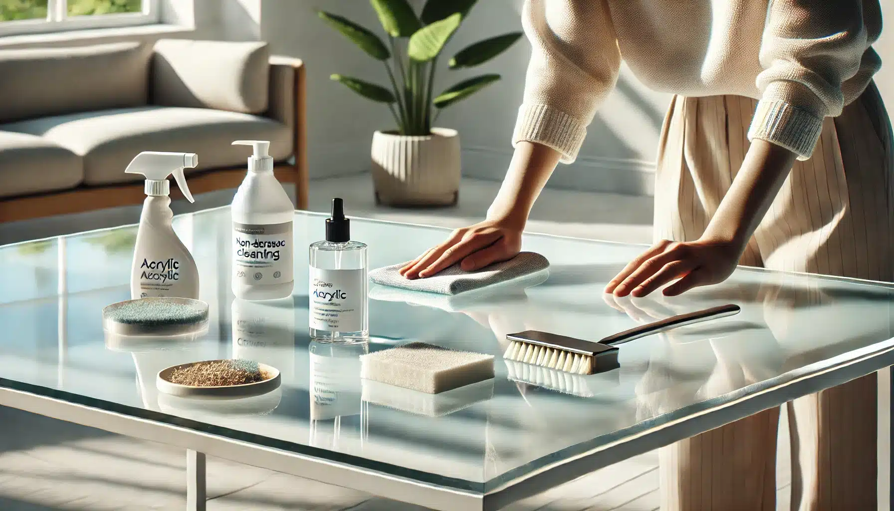 Persona limpiando mesa con paño húmedo y jabón suave en hogar moderno | Acrilfrasa.