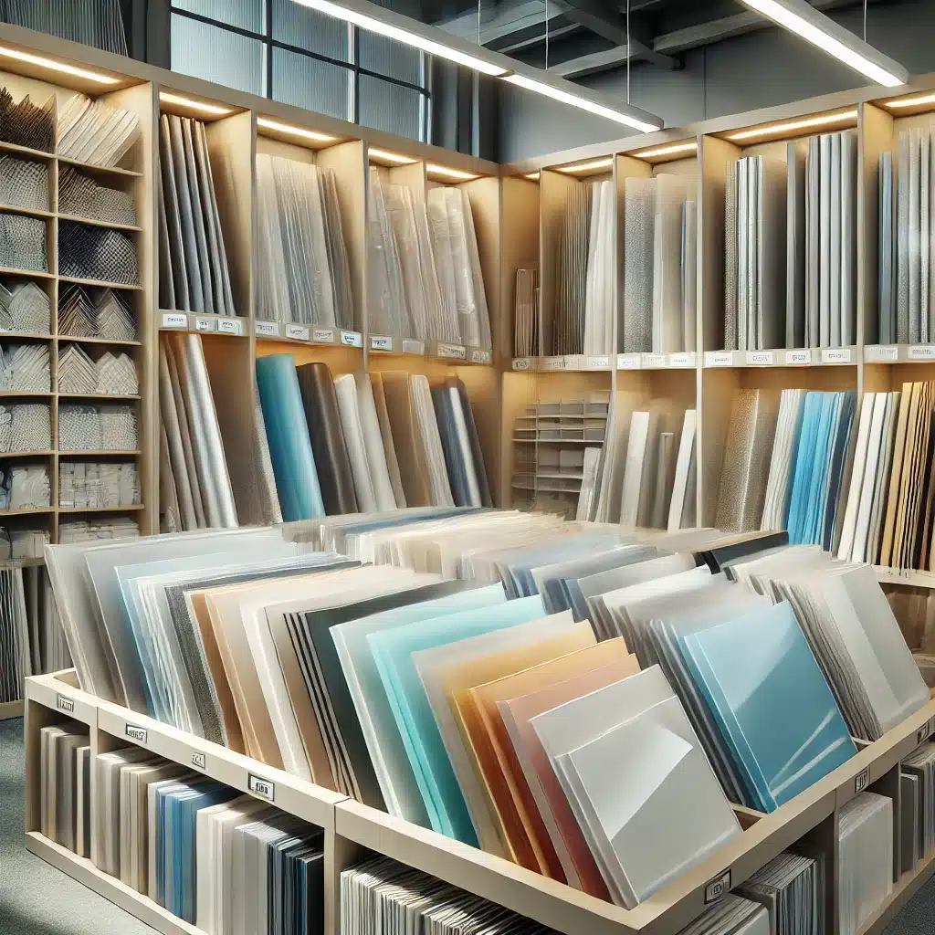 Láminas acrílicas de alta calidad de diversos grosores, tamaños y colores en un showroom. Iluminación en venta con pulido y color | Acrilfrasa