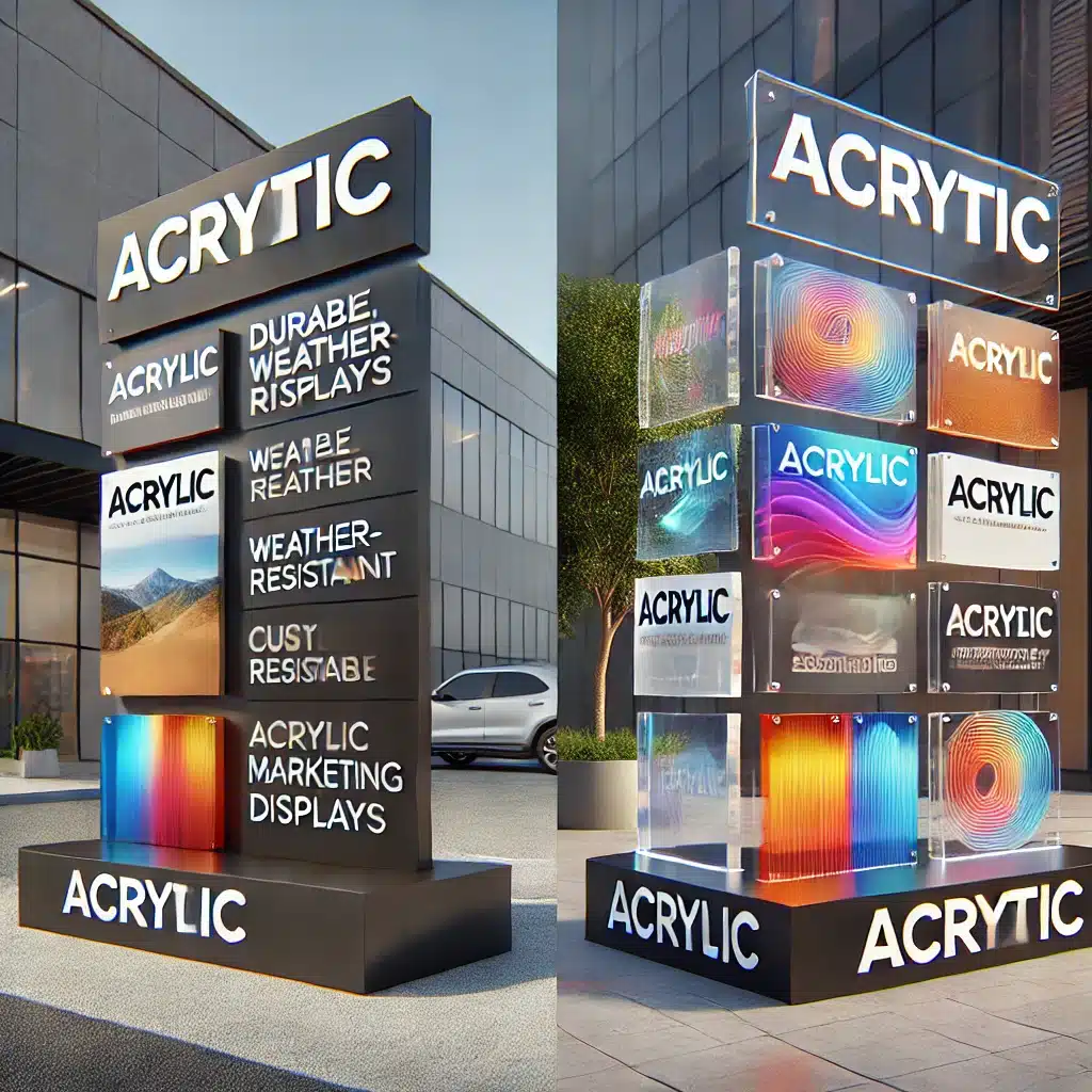 Displays publicitarios de acrílico en exteriores e interiores, destacando durabilidad y versatilidad. Producto de residuos en manejo de UV | Acrilfrasa
