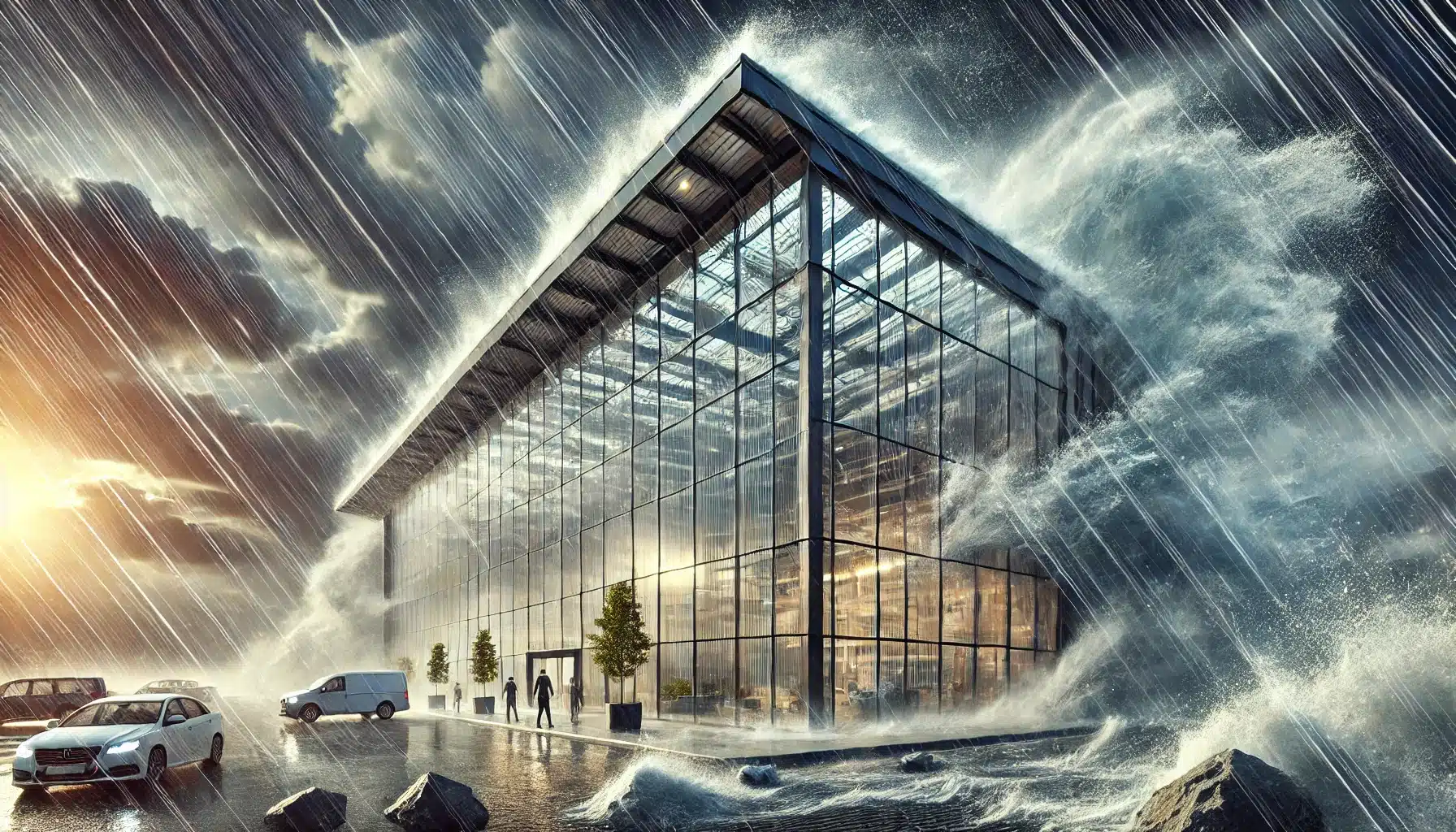 Edificio con policarbonato resistiendo lluvia intensa y fuertes vientos. Paneles de cubierta para agricultura y espacios de casa | Acrilfrasa.