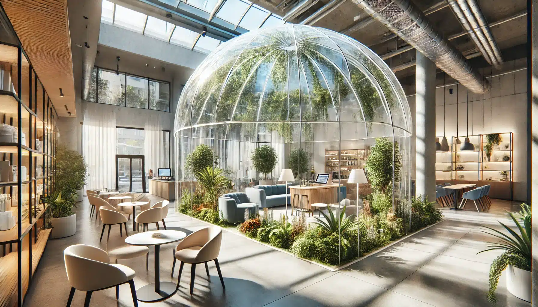 Espacio comercial con cúpula de acrílico iluminada naturalmente y decoración moderna. Impactos en la industria para usos de cristal y policarbonato | Acrilfrasa