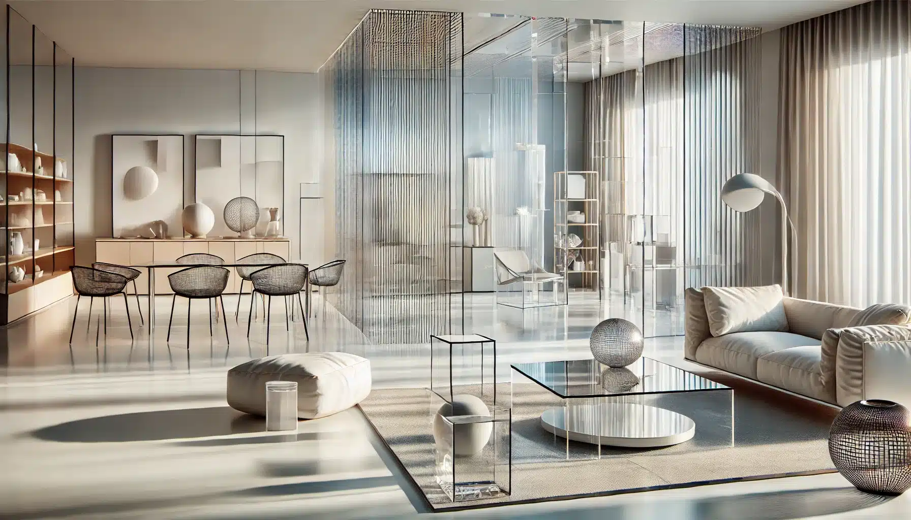 Espacio contemporáneo con muebles y divisores de láminas, bien iluminado. Industria de solución de materiales en el mundo | Acrilfrasa.