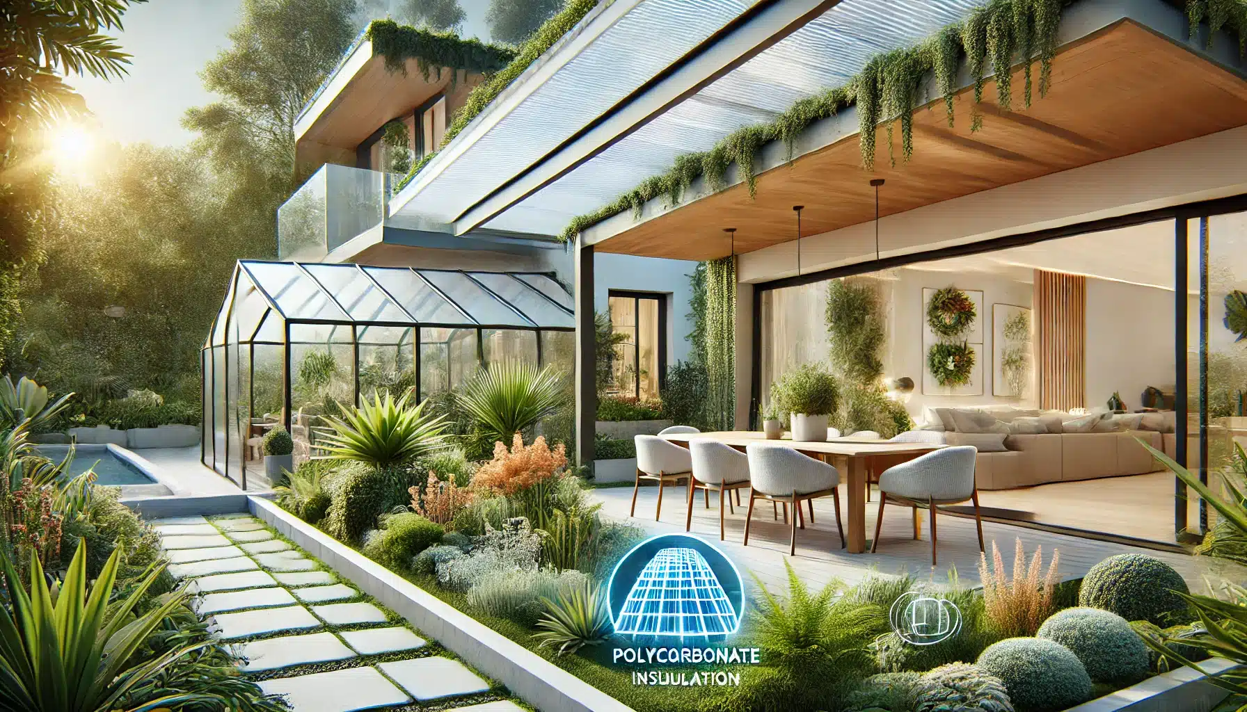 Terraza moderna y invernadero con techos de policarbonato en un jardín exuberante. | Acrilfrasa