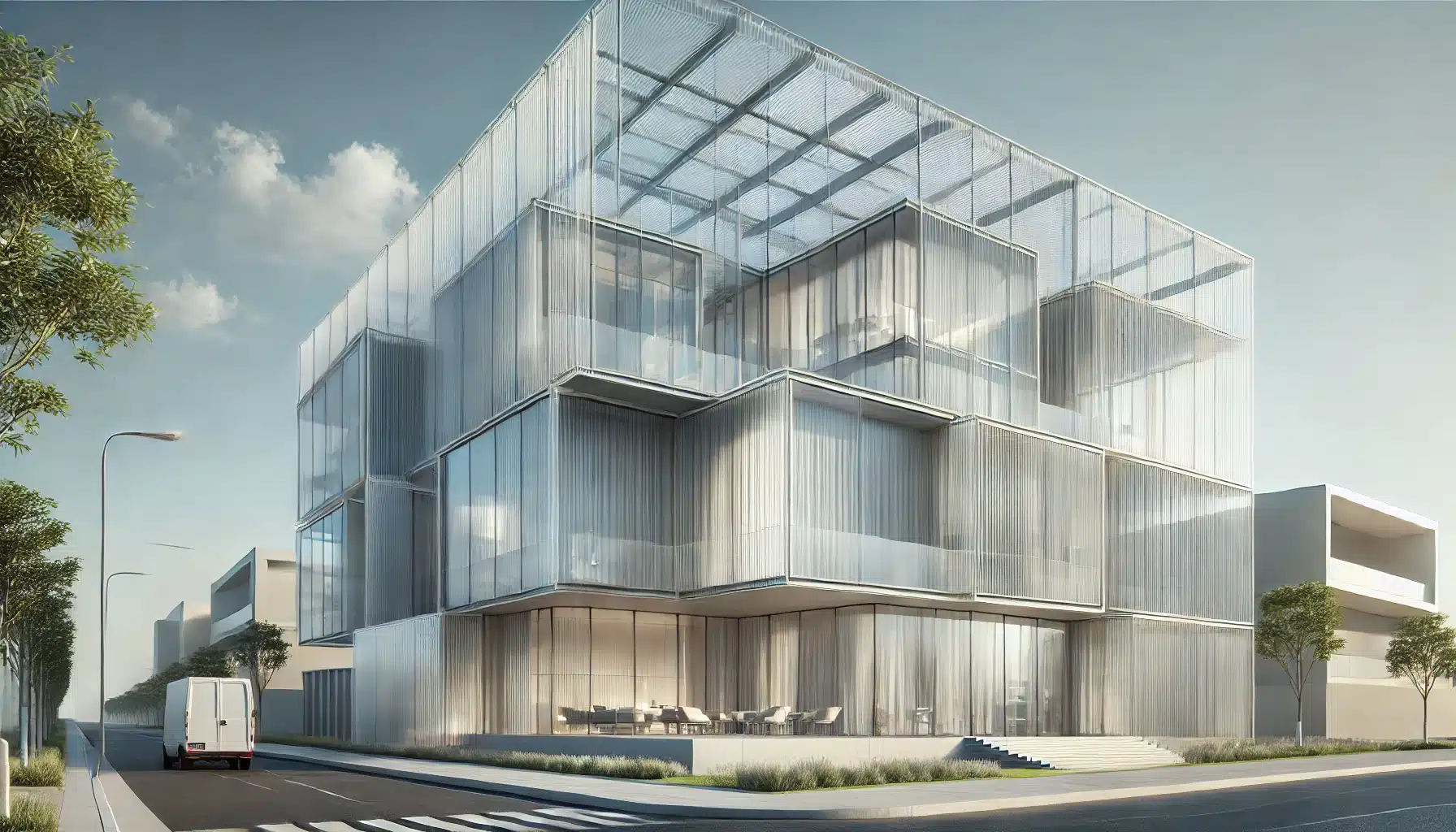 Edificio moderno con fachadas translúcidas de policarbonatos bajo un cielo claro | Acrilfrasa.
