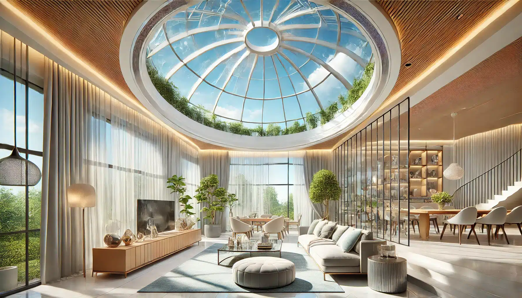 Sala moderna con techo de cristal personalizado, luz natural y decoración elegante. Estructuras de acero, policarbonato o acrílico para cliente. | Acrilfrasa