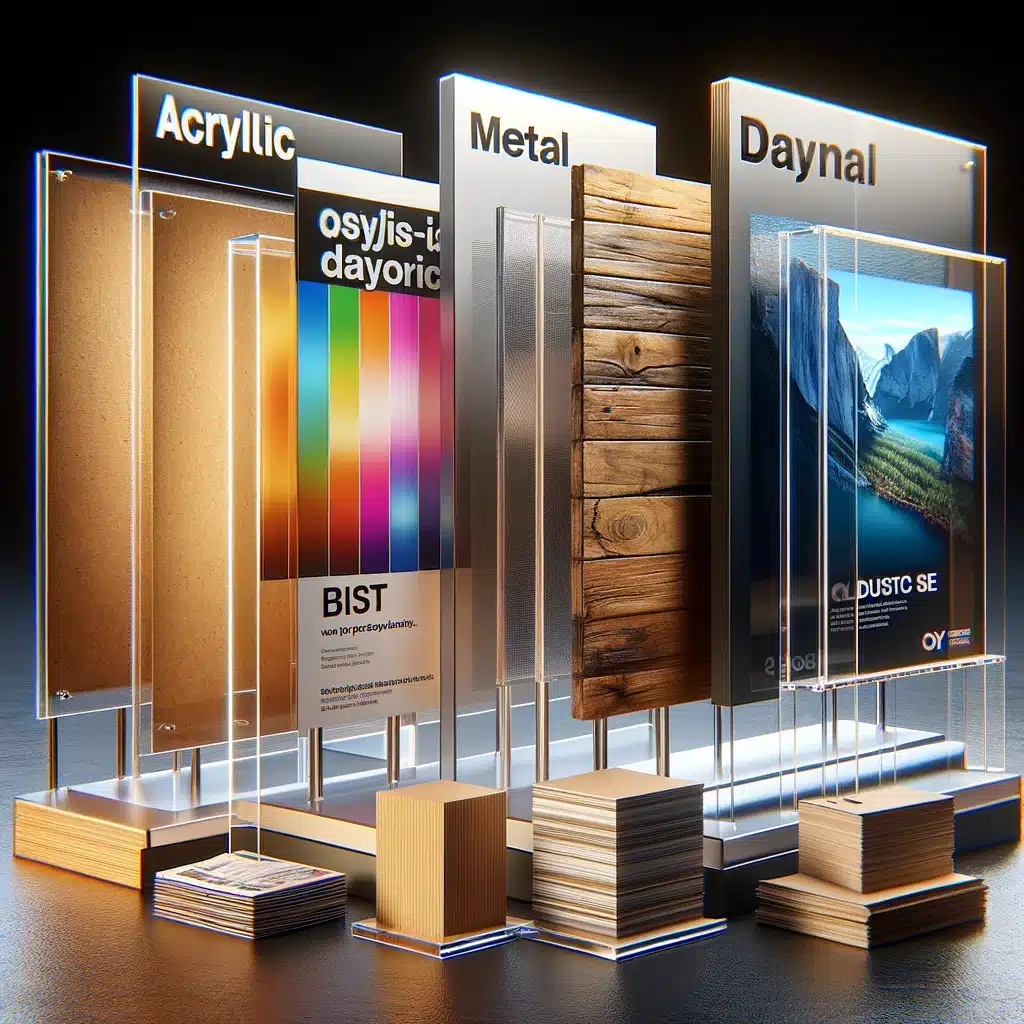 Comparación entre displays de acrílico, metal, madera y cartón, destacando durabilidad y brillo. Formato de proyecto para luz 3D | Acrilfrasa