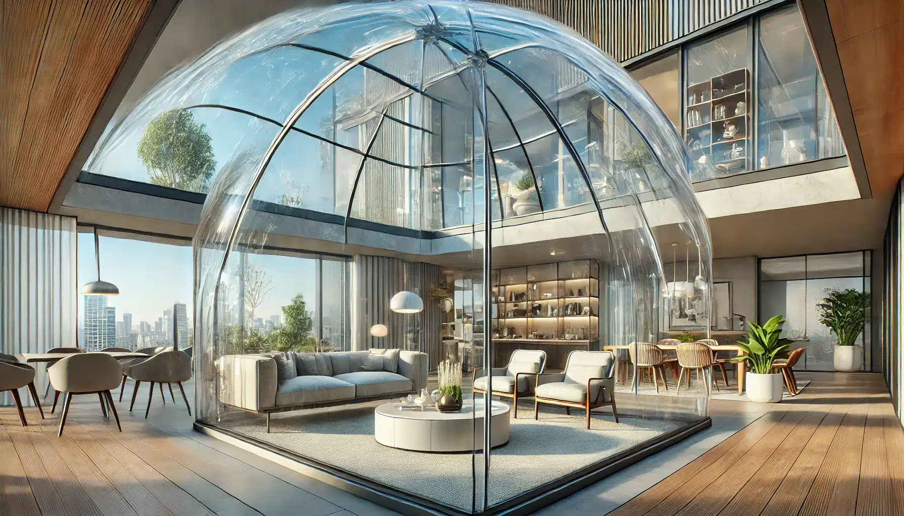 Elegante domo de cristal templado en residencia moderna, permitiendo luz natural. Construcción en espacios de material de eficiencia energética | Acrilfrasa