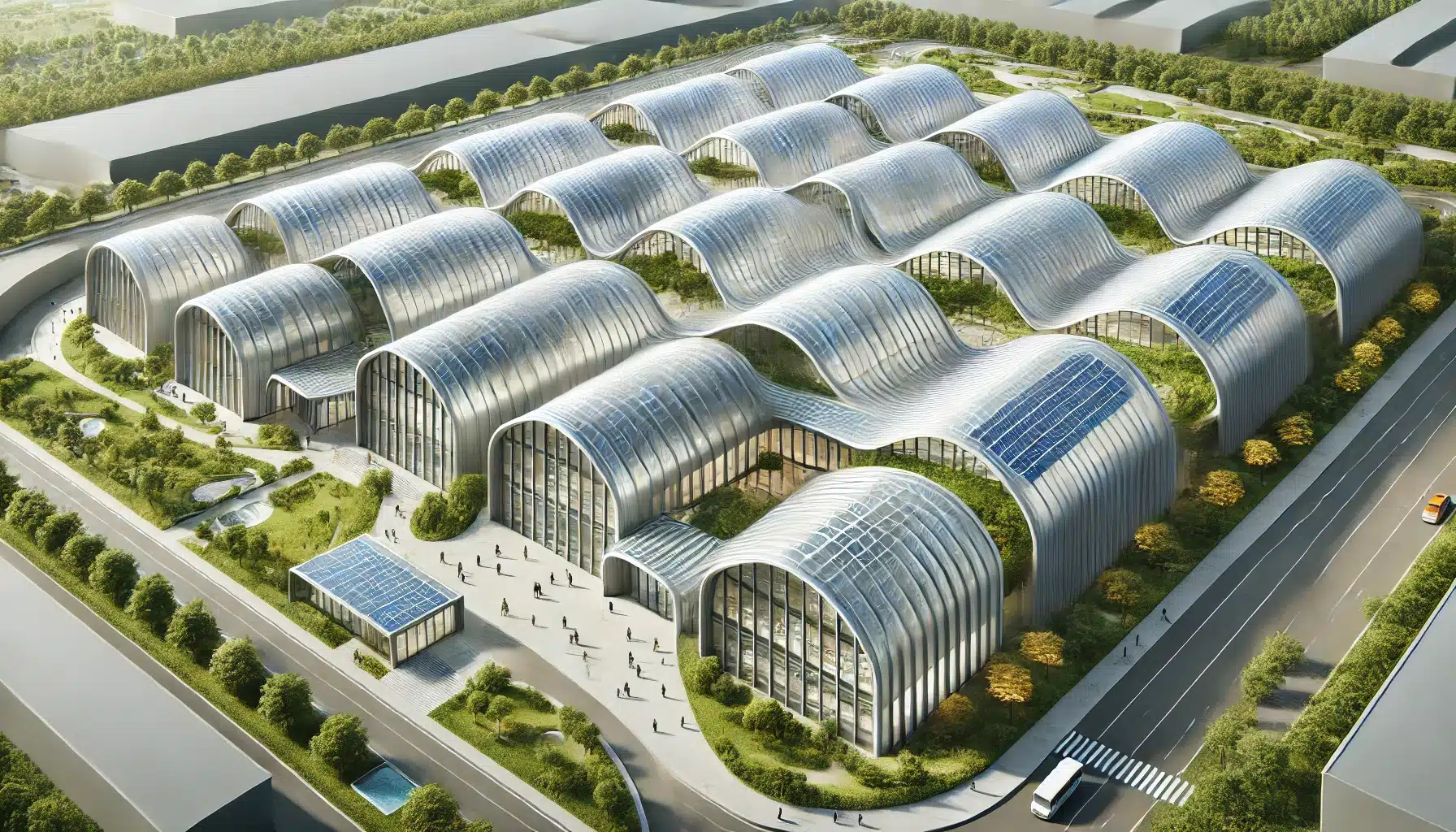 Institución educativa con techos curvos de policarbonatos y paneles solares. Luz solar lámina cubiertas arquitectura edificios iluminación sistema solución lámina de policarbonato panel aislamiento calidad de vida construcción iluminación natural | Acrilfrasa